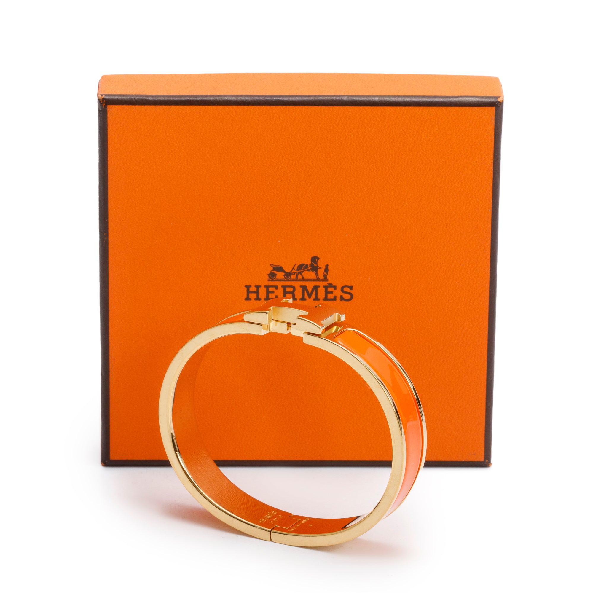 Hermes Yellow Gold Plated Orange Enamel 12 MM Clic H Bracelet w/ Box