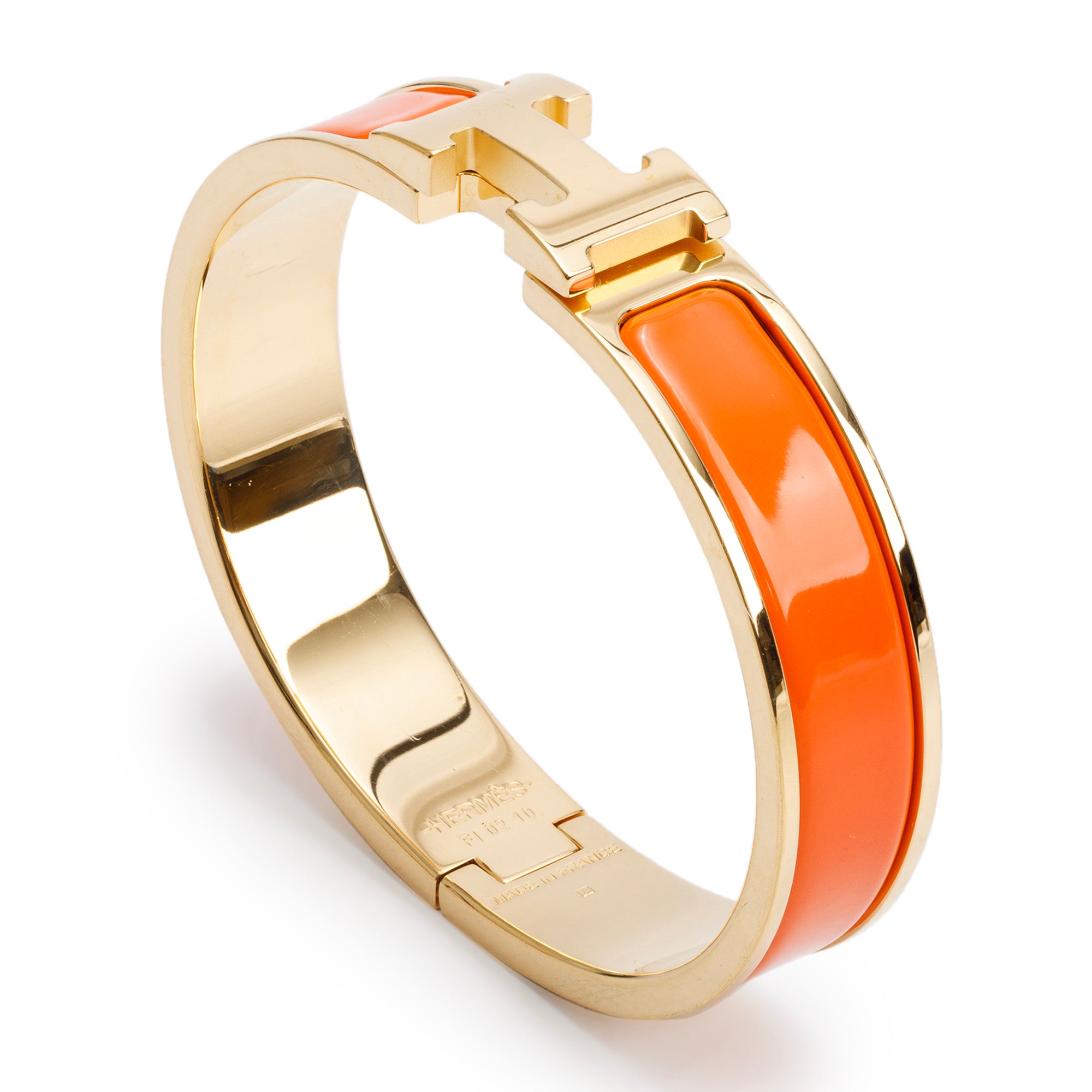 Hermes Yellow Gold Plated Orange Enamel 12 MM Clic H Bracelet w/ Box