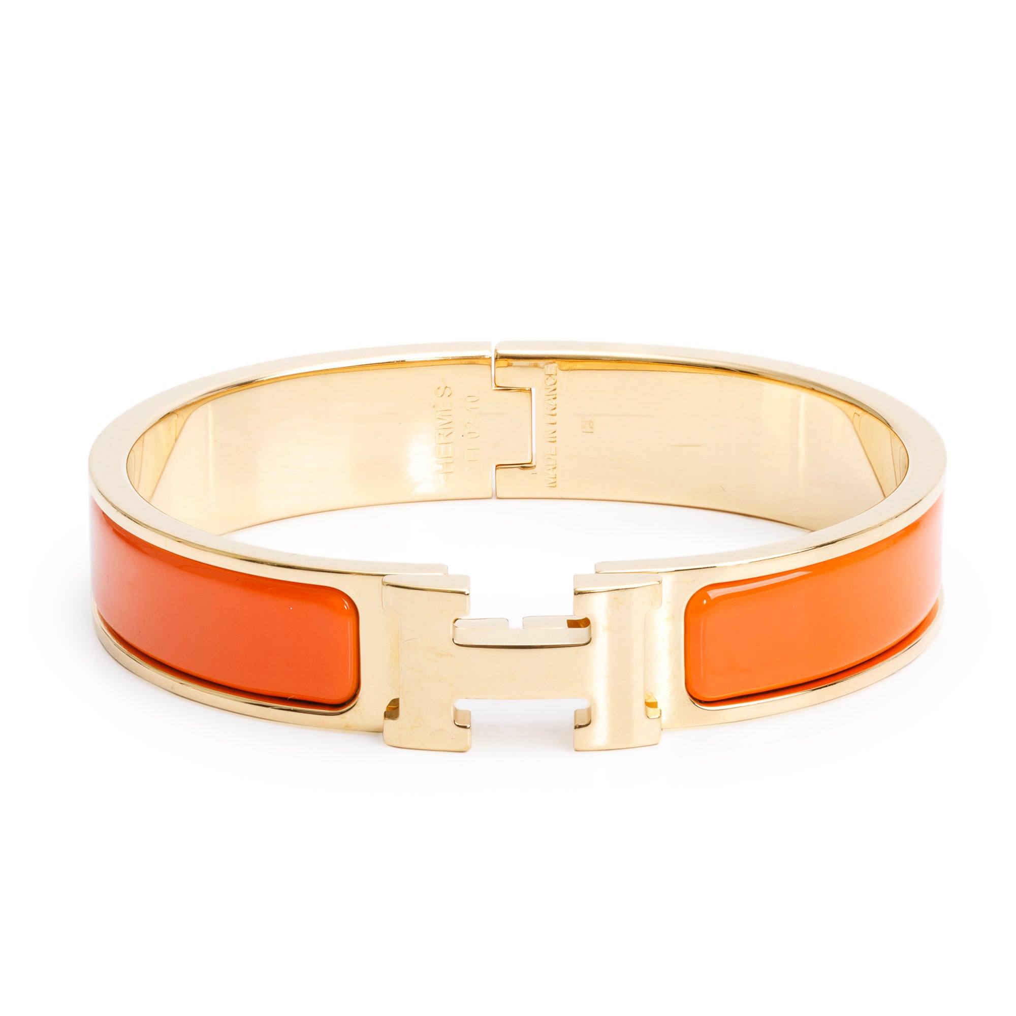 Hermes Yellow Gold Plated Orange Enamel 12 MM Clic H Bracelet w/ Box