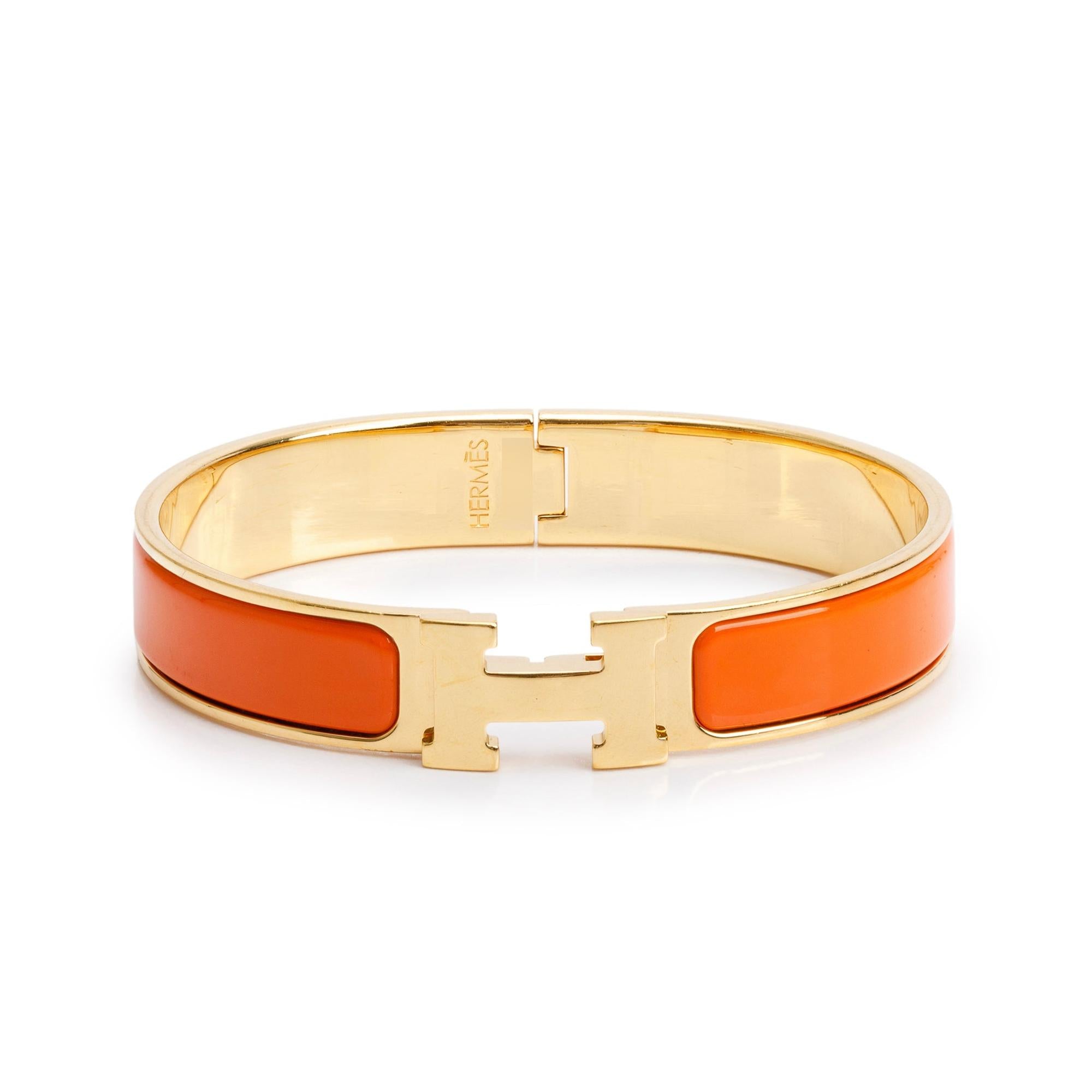Hermes Yellow Gold Plated Orange Enamel 12 MM Clic H Bracelet