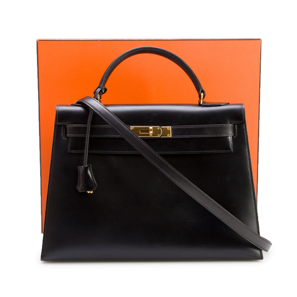 Hermes Vintage Noir Box Kelly Sellier 32 w/ Strap & Box