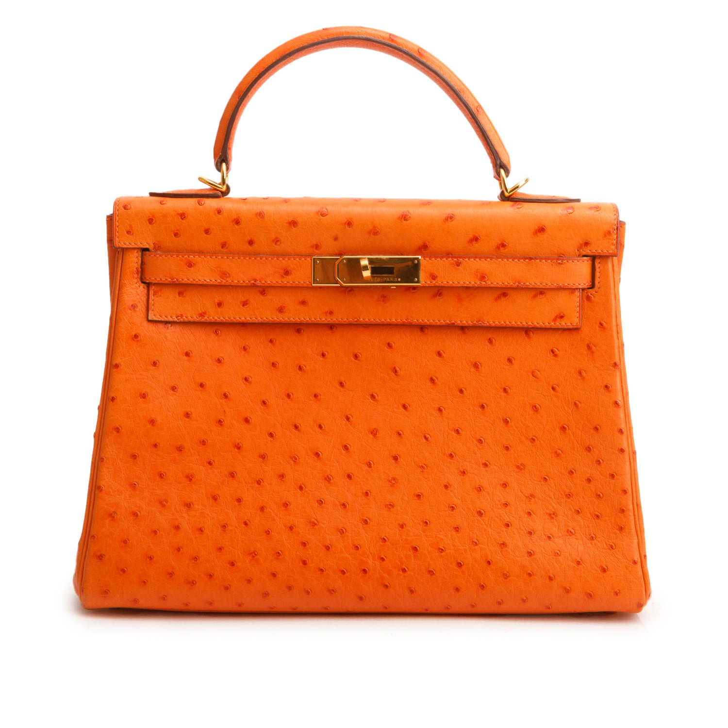 Hermes Orange Ostrich Kelly Sellier 32 w/ Strap
