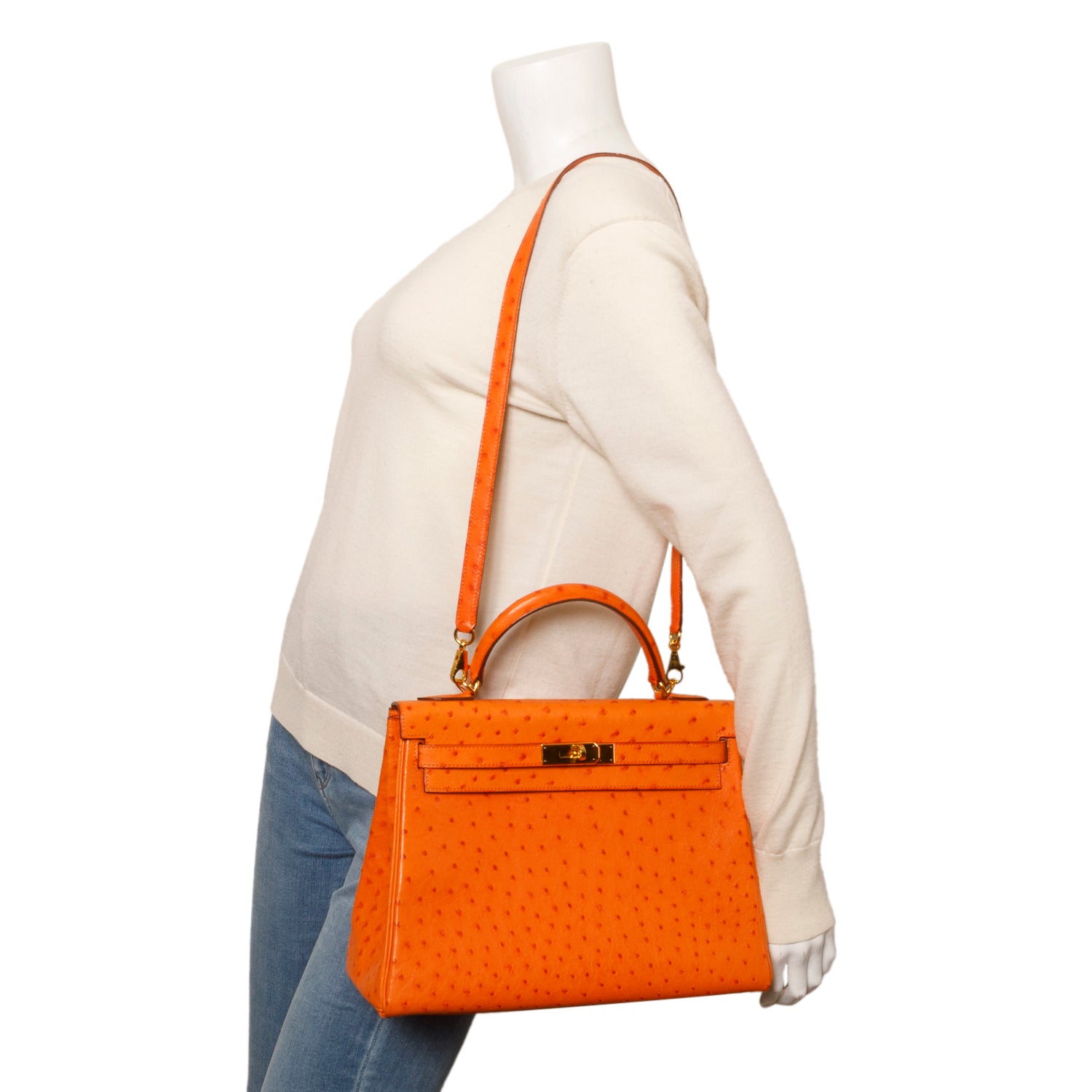 Hermes Orange Ostrich Kelly Sellier 32 w/ Strap