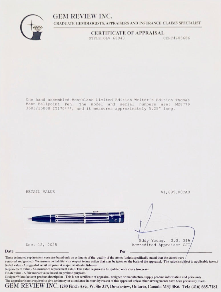Montblanc Limited Edition Writer's Edition Thomas Mann Ballpoint Pen w/ Box & Papers