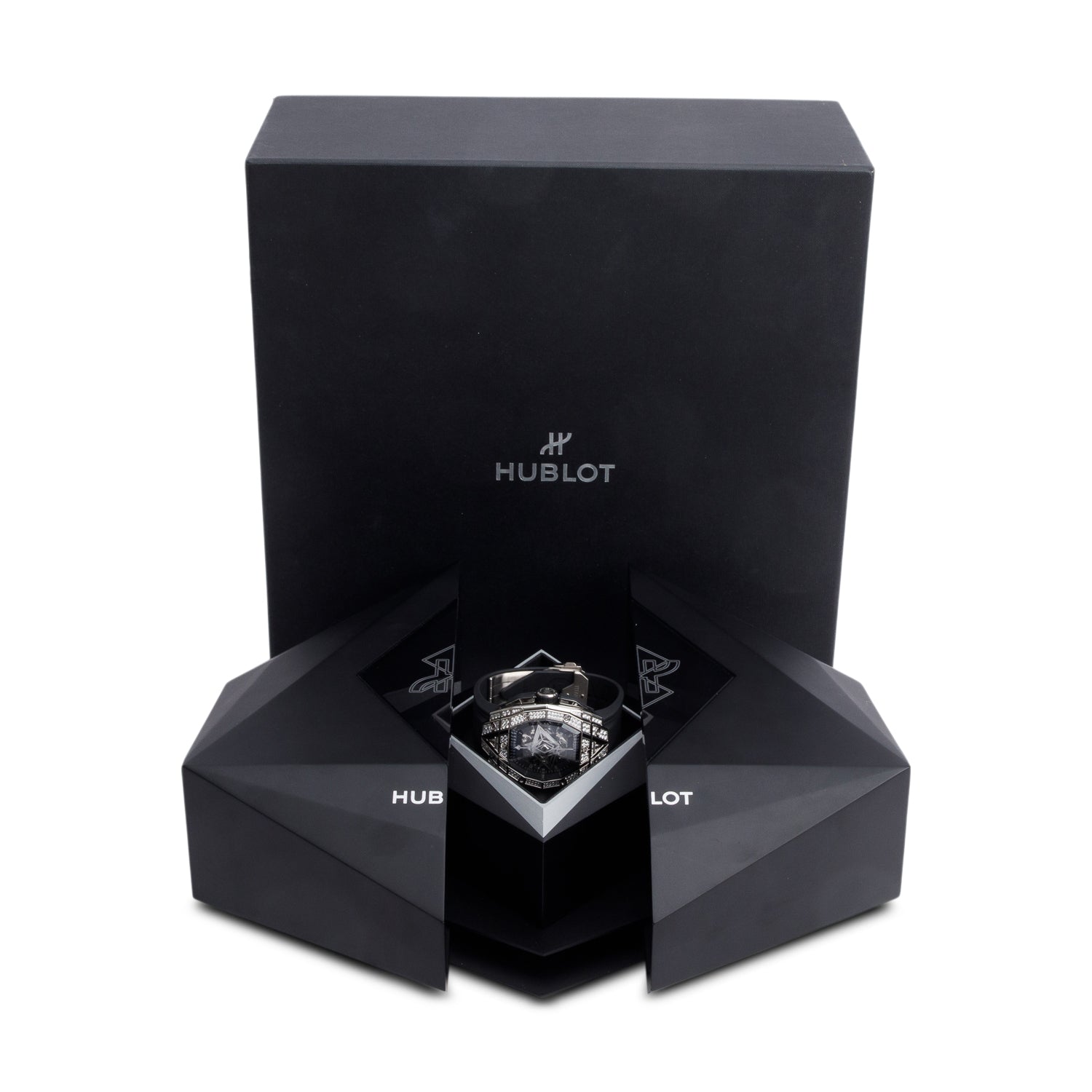 Hublot 2024 Titanium Pave Diamond Spirit Of Big Bang Sang Bleu 42 MM Automatic Chronograph Watch Black Skeleton Dial w/ Box & Papers