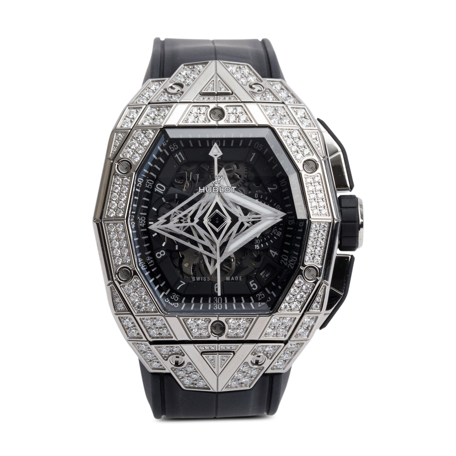 Hublot 2024 Titanium Pave Diamond Spirit Of Big Bang Sang Bleu 42 MM Automatic Chronograph Watch Black Skeleton Dial w/ Box & Papers