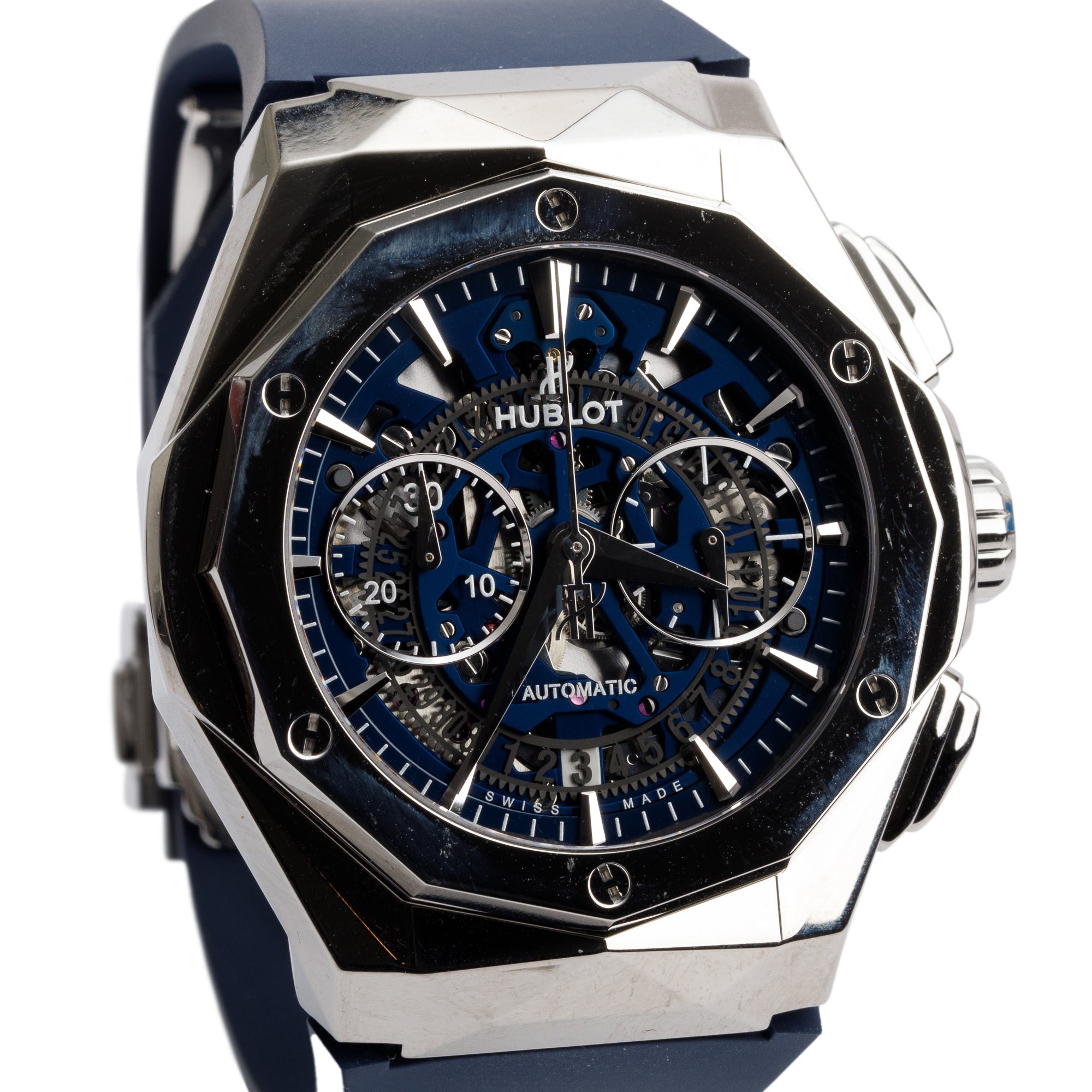 Hublot Limited Edition Stainless Steel & Titanium Classic Fusion Aerofusion Orlinski 45 MM Automatic Chronograph Watch Blue Cut Out Dial
