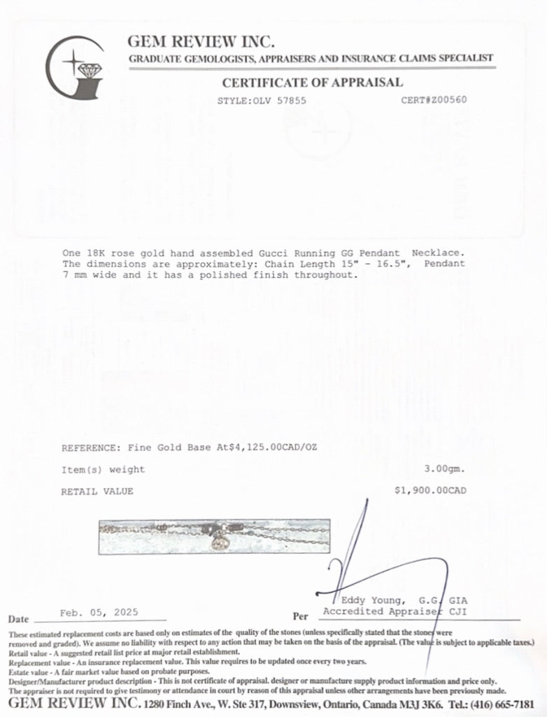 Gucci 18k Rose Gold Running GG Pendant Necklace