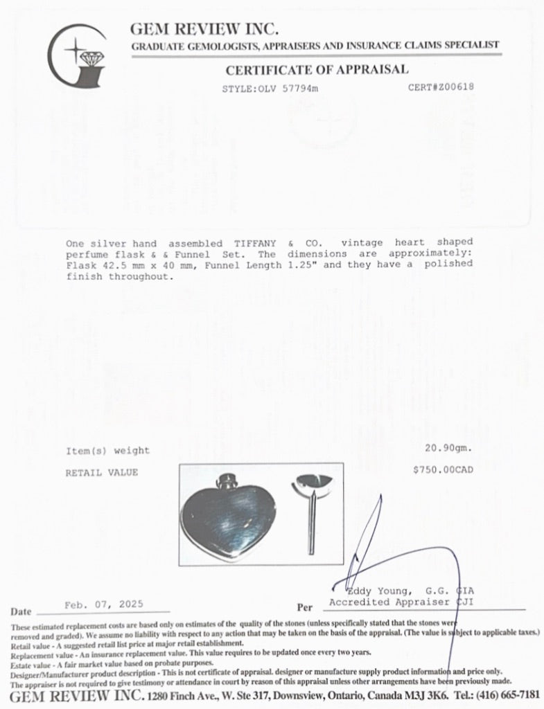 Tiffany & Co. Vintage Sterling Silver Heart Perfume Flask & Funnel Set w/ Box
