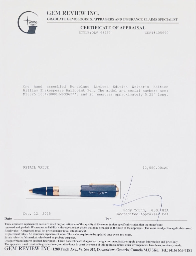Montblanc Limited Edition Writer's Edition William Shakespeare Ballpoint Pen w/ Box & Papers