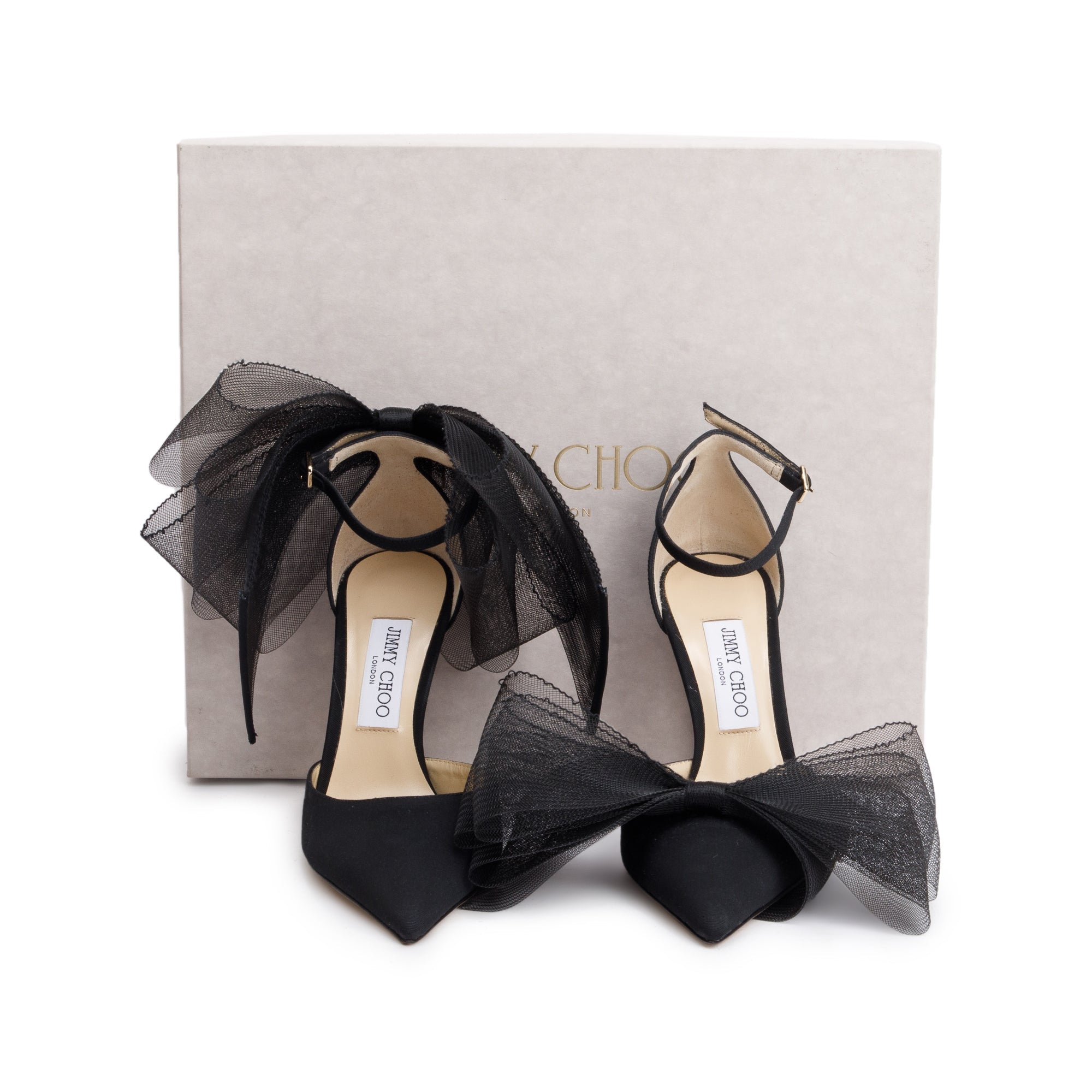 Jimmy Choo 2022 Black Satin Bow Accent Averly 100 Heel Sandals, Size 39 w/ Box & Reciept