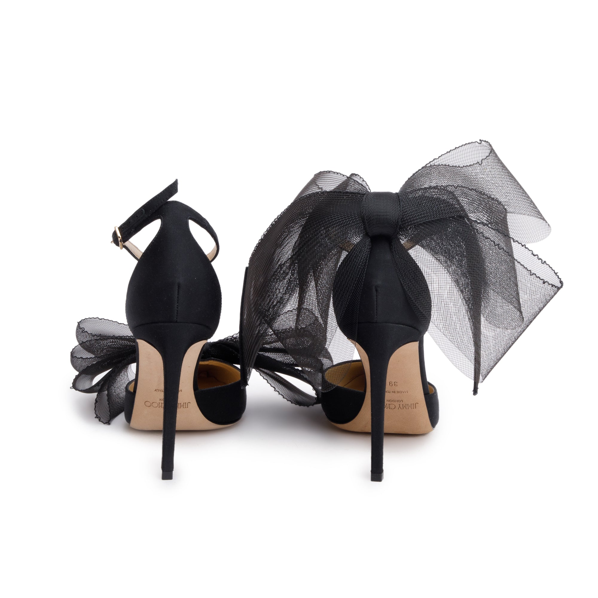 Jimmy Choo 2022 Black Satin Bow Accent Averly 100 Heel Sandals, Size 39 w/ Box & Reciept