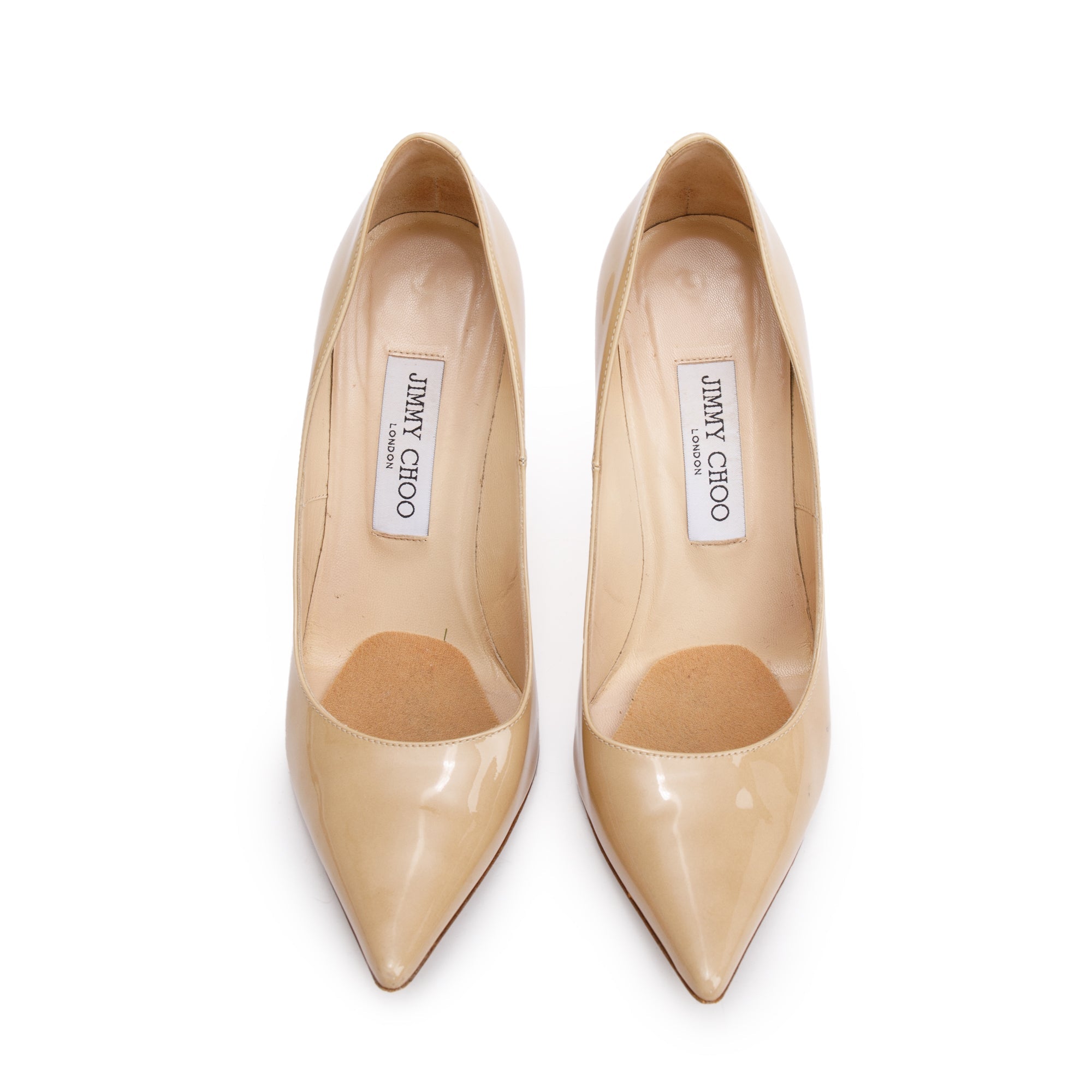 Jimmy Choo Beige Patent Leather Pointy Toe Pumps, Size 37.5