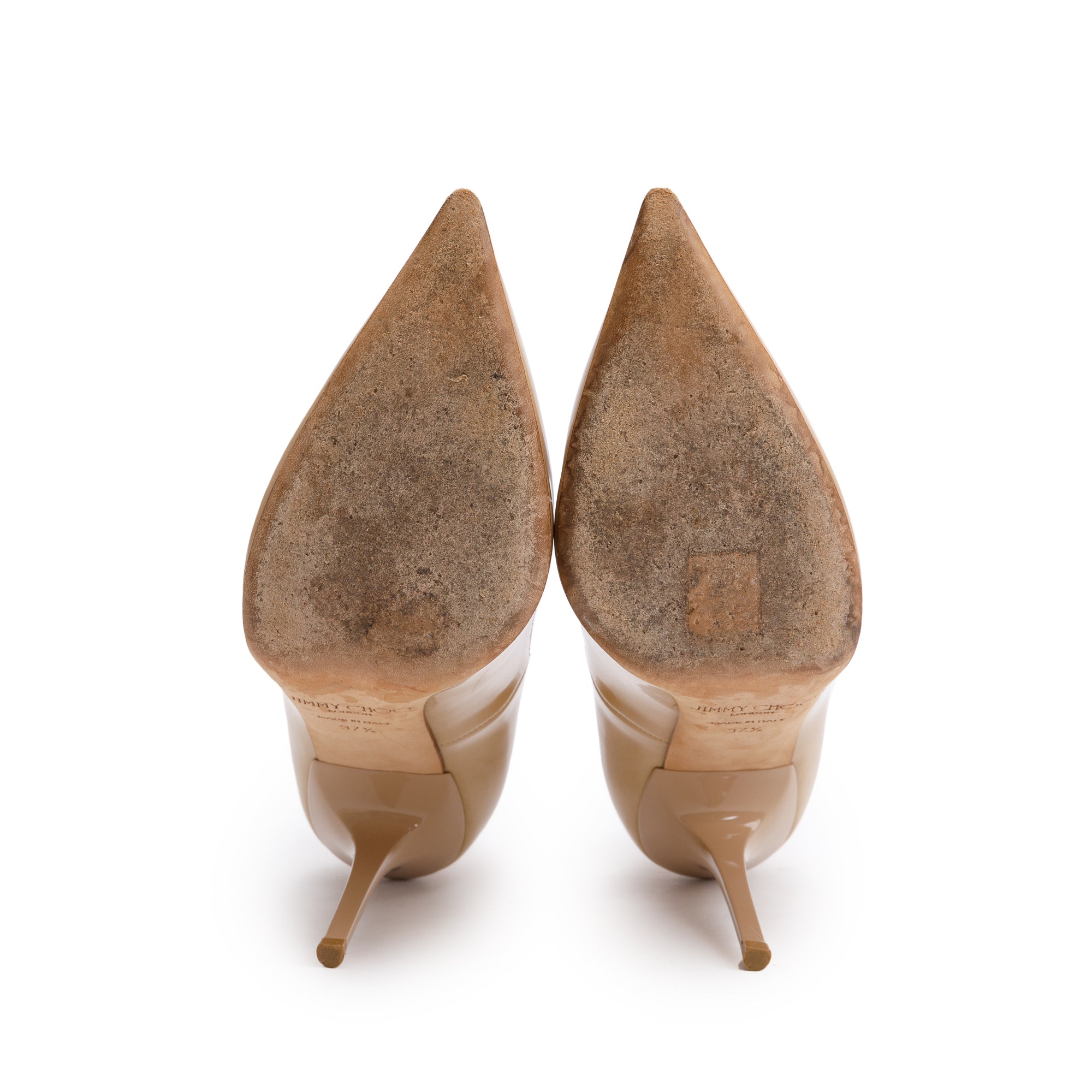 Jimmy Choo Beige Patent Leather Pointy Toe Pumps, Size 37.5