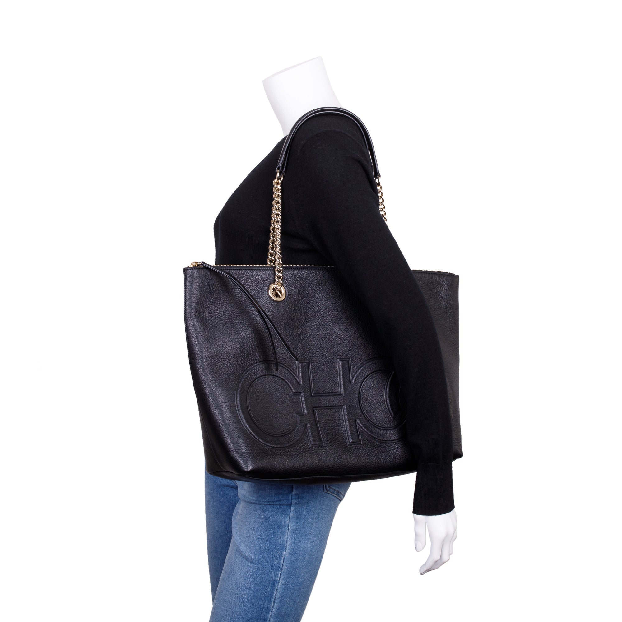 Jimmy Choo Black Calfskin Leather Logo Chain Tote