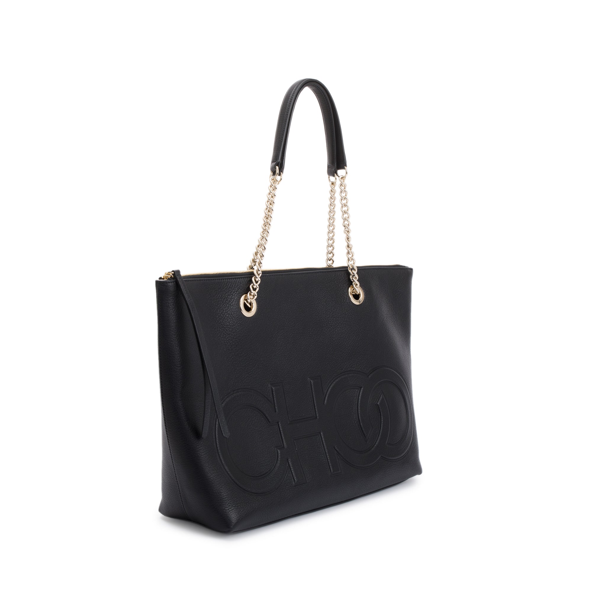 Jimmy Choo Black Calfskin Leather Logo Chain Tote