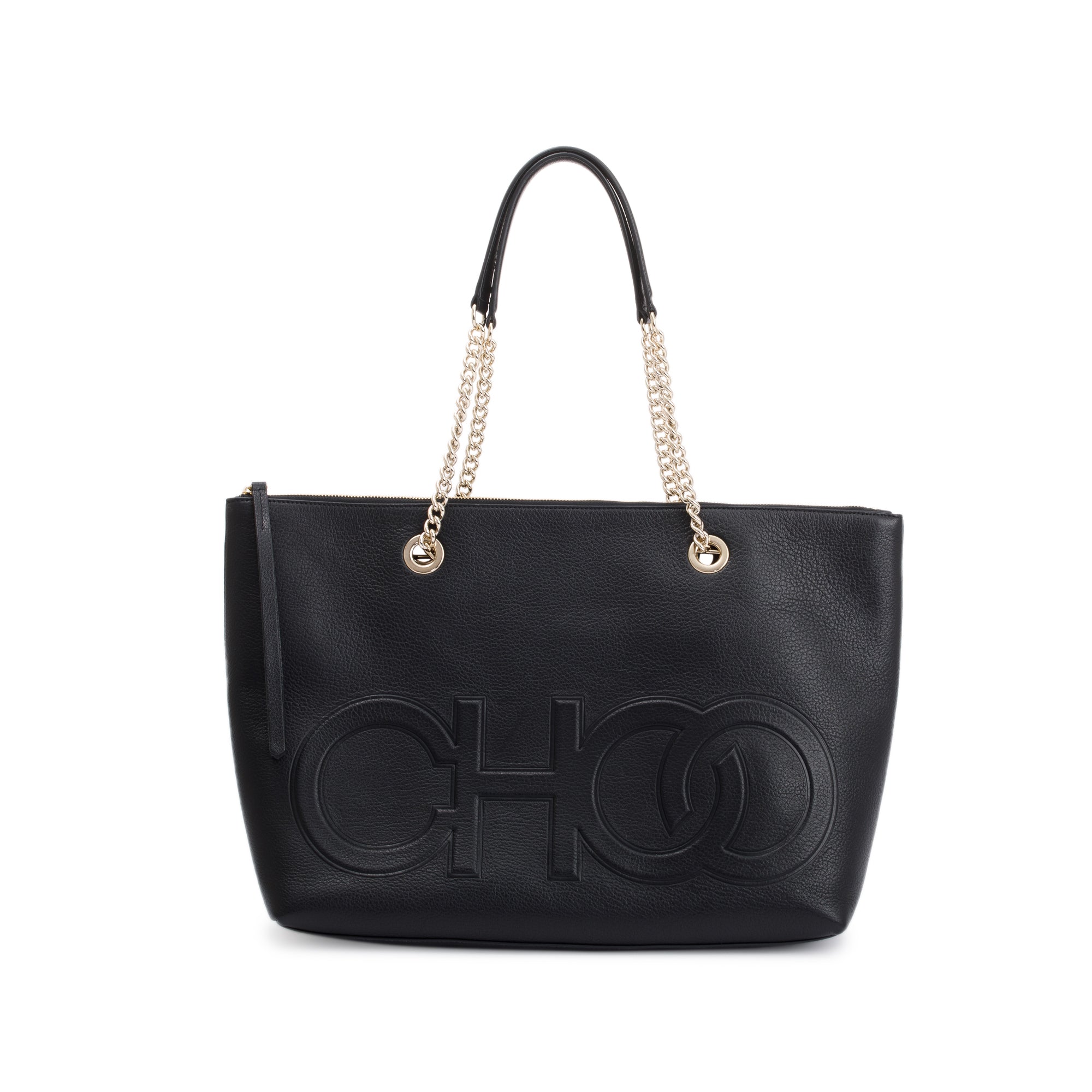Jimmy Choo Black Calfskin Leather Logo Chain Tote