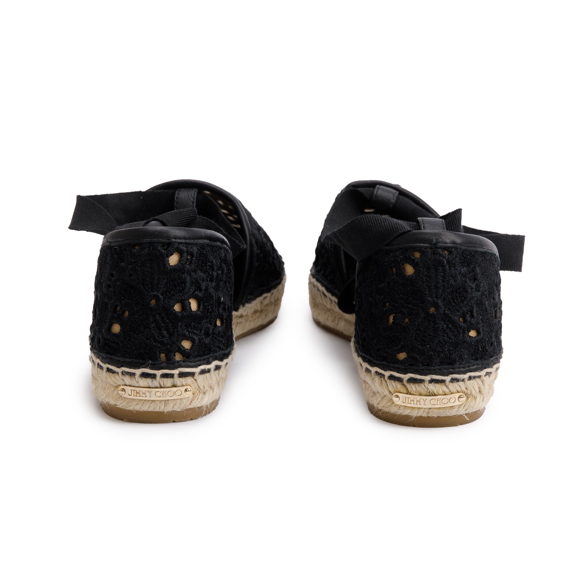 Jimmy Choo Black Embroidered Lace Dolphin Flat Espadrilles, Size 35.5 w/ Box