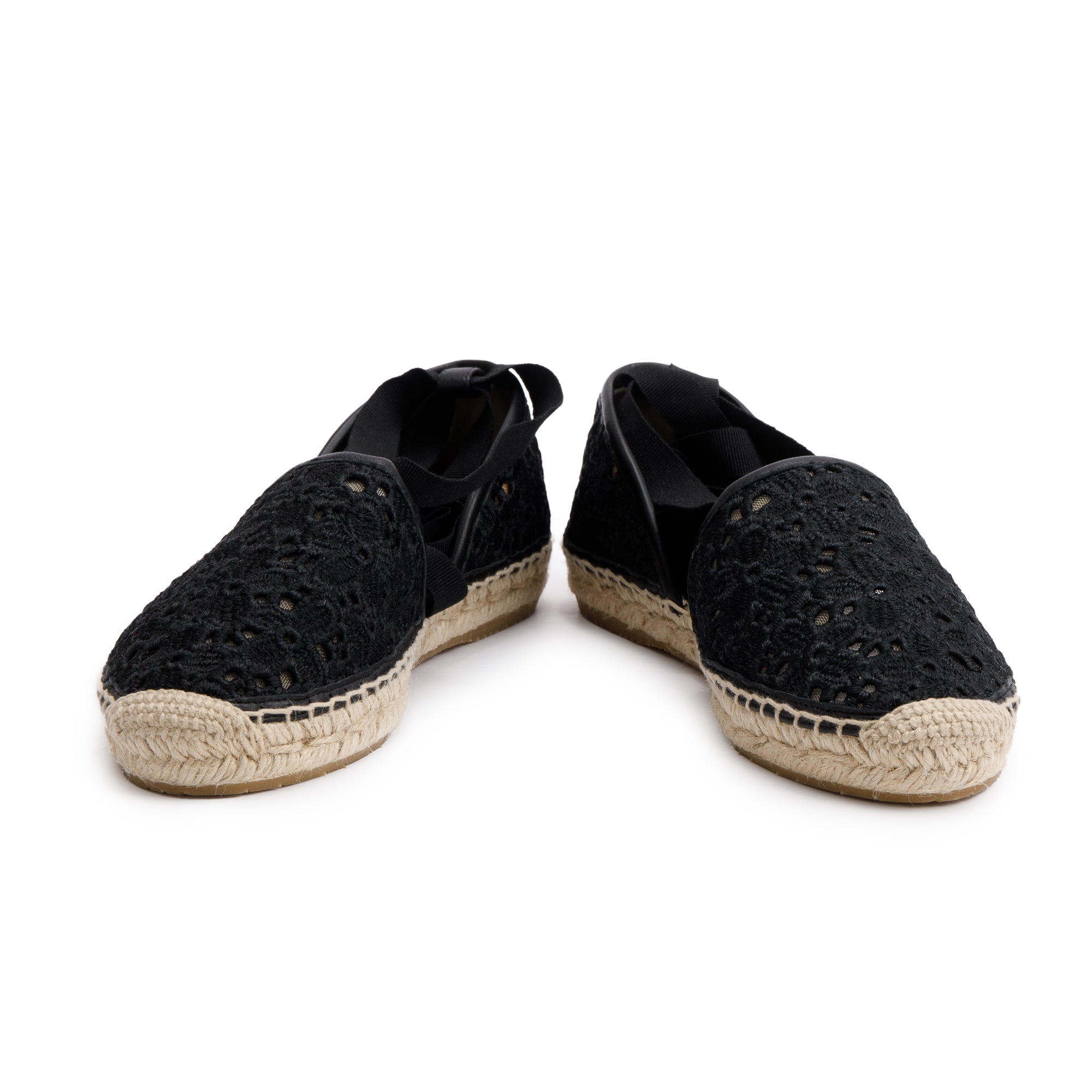 Jimmy Choo Black Embroidered Lace Dolphin Flat Espadrilles, Size 35.5 w/ Box