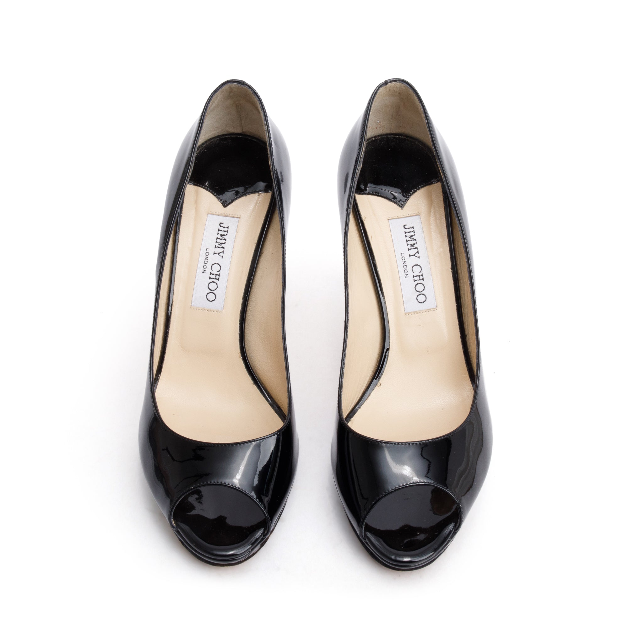 Jimmy Choo Black Patent Leather Luna Peep Toe Pumps, Size 40