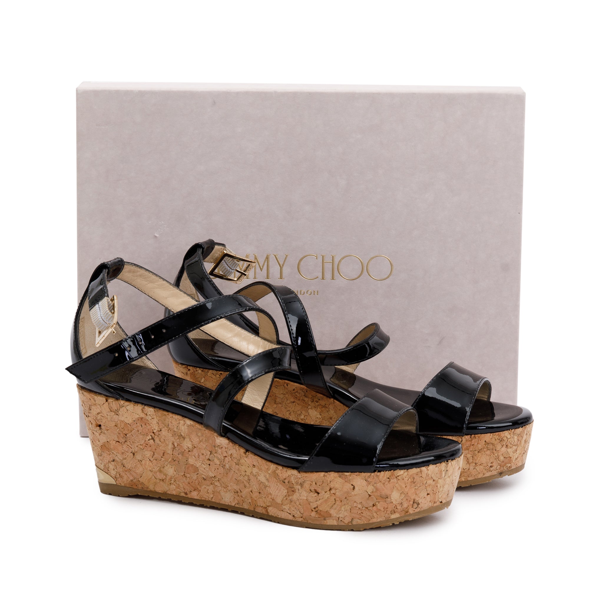 Jimmy Choo Black Patent Leather Portia 70 Wedge Sandals, Size 37 w/ Box