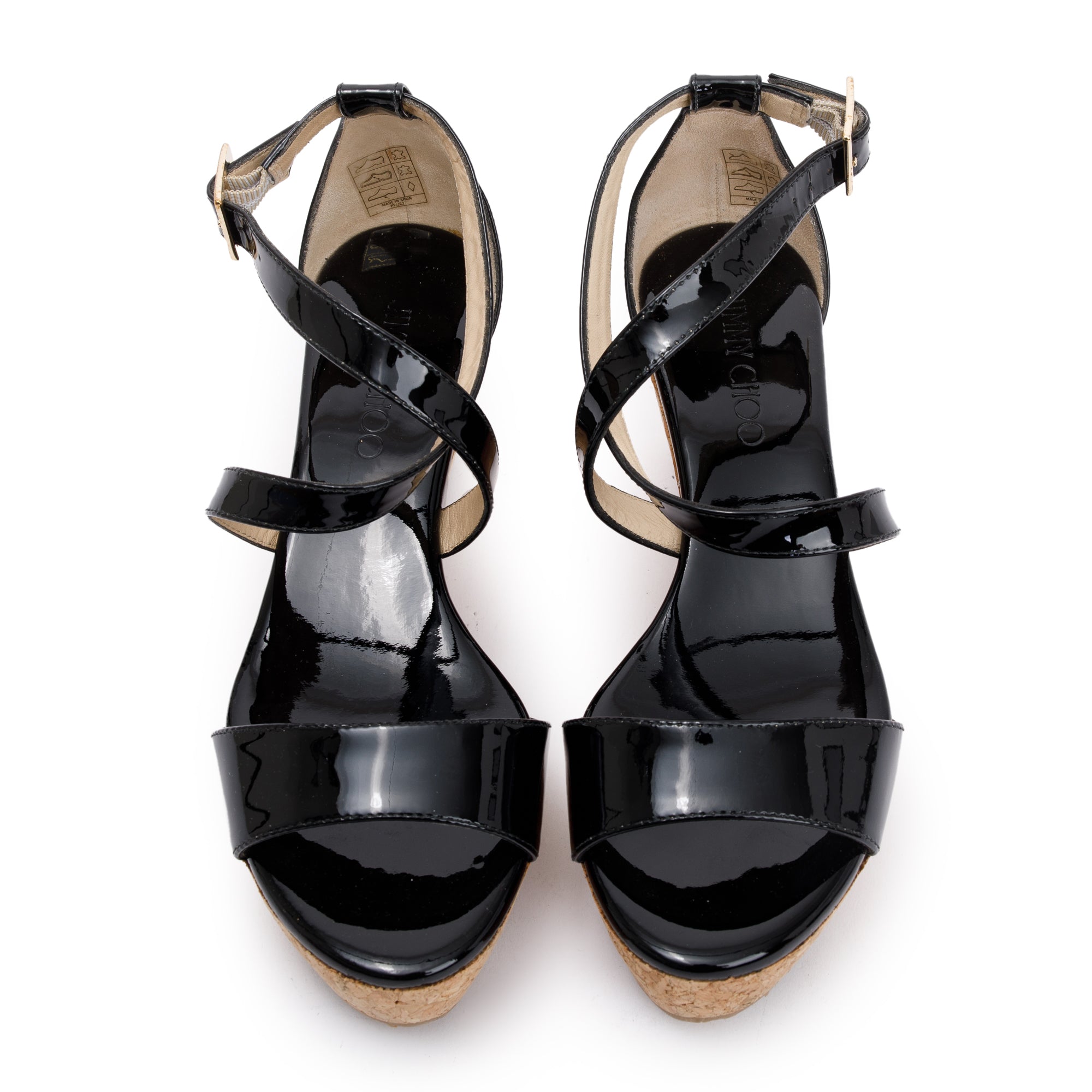 Jimmy Choo Black Patent Leather Portia 70 Wedge Sandals, Size 37 w