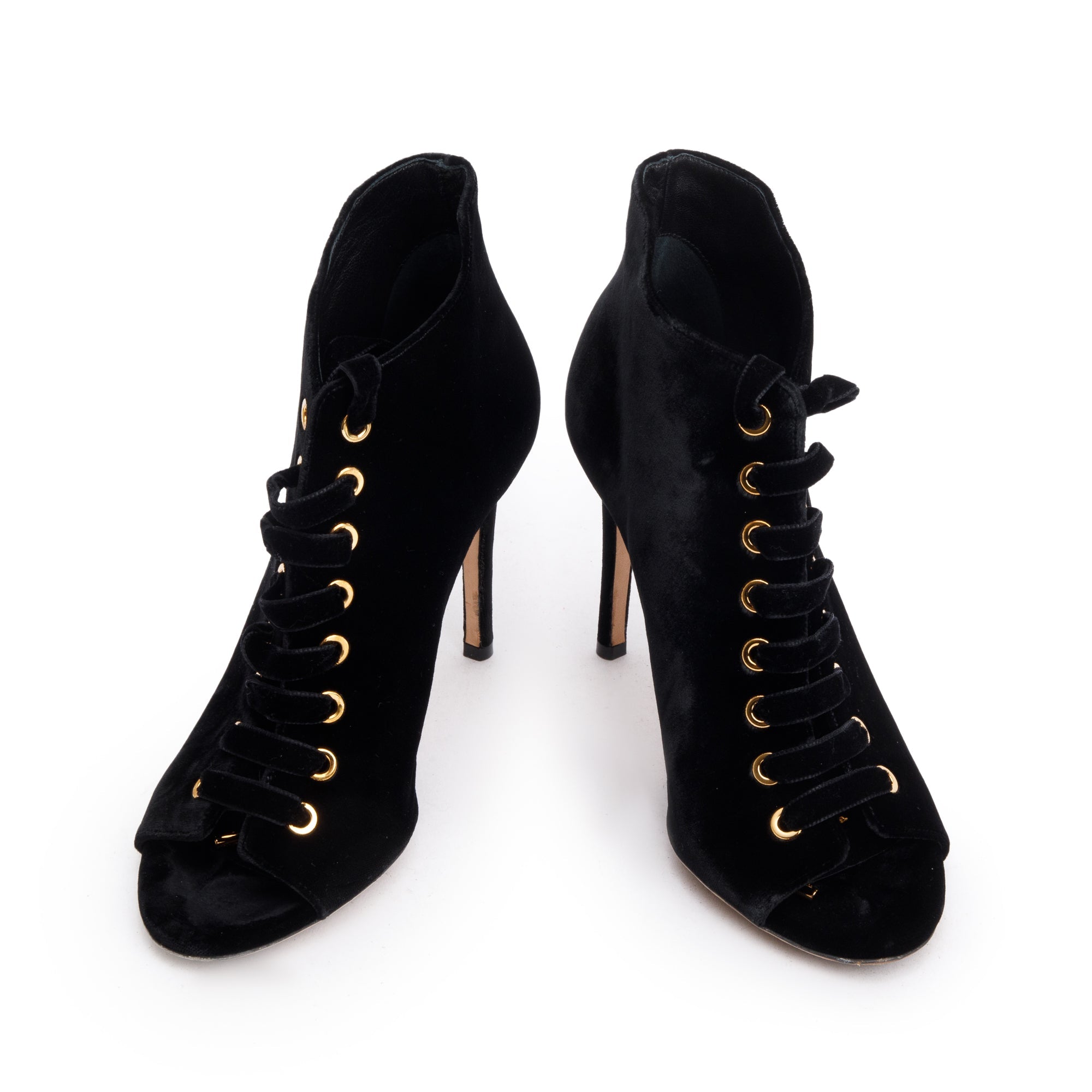 Jimmy Choo Black Velvet Mavy Lace-Up Peep Toe Booties, Size 36