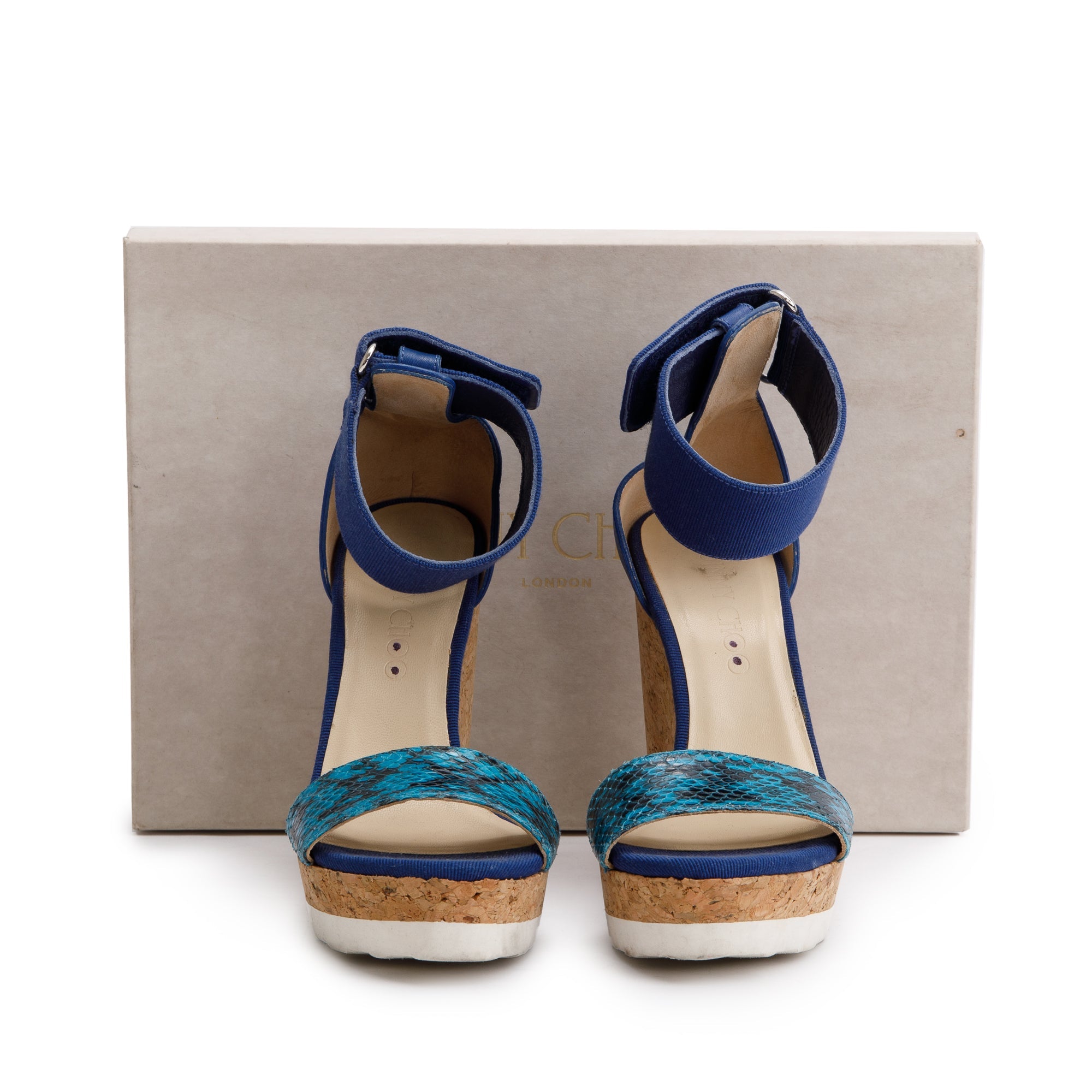 Jimmy Choo Blue Snakeskin Trim Leather Neston Platform Wedge Sandals, Size 35.5 w/ Box