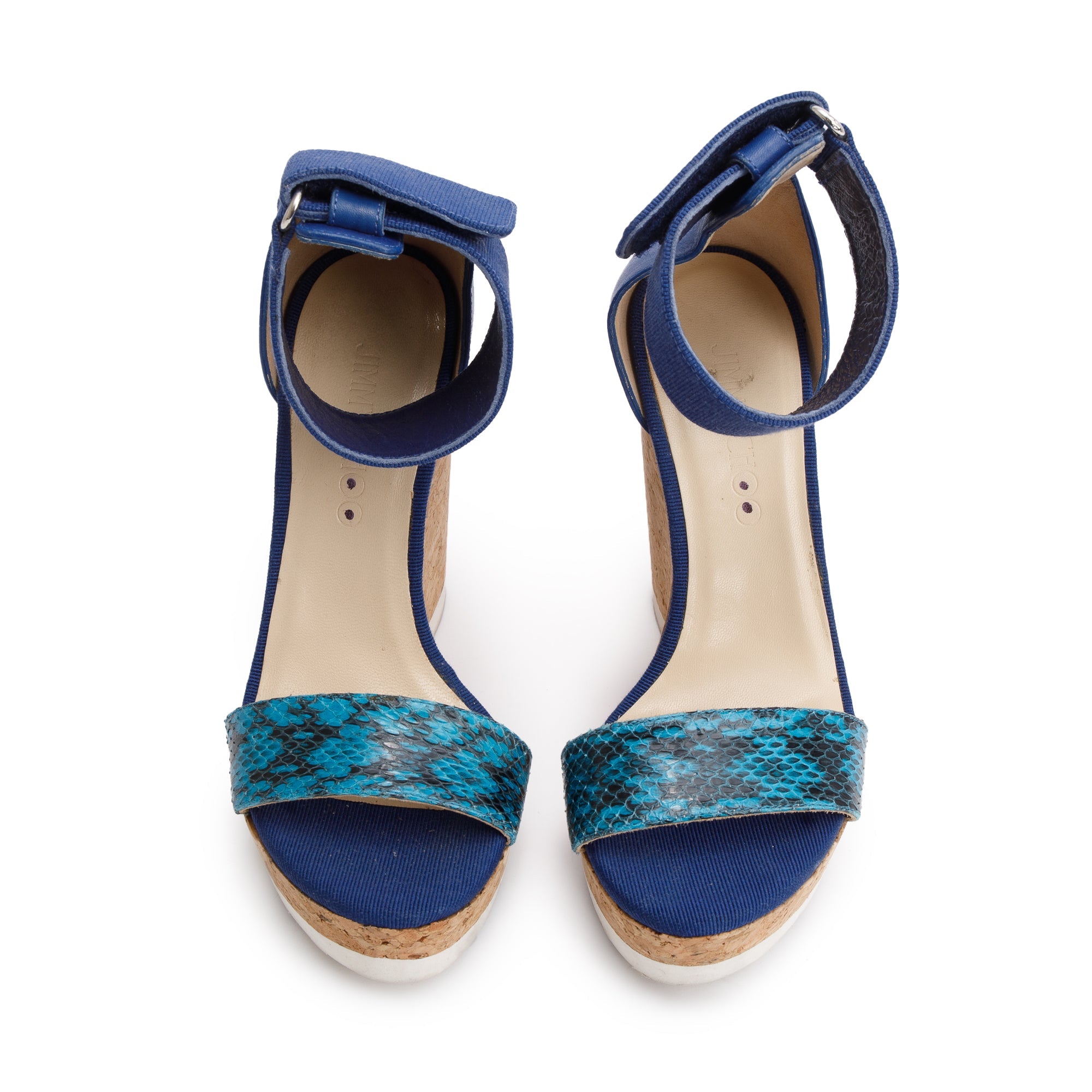 Jimmy Choo Blue Snakeskin Trim Leather Neston Platform Wedge Sandals, Size 35.5 w/ Box