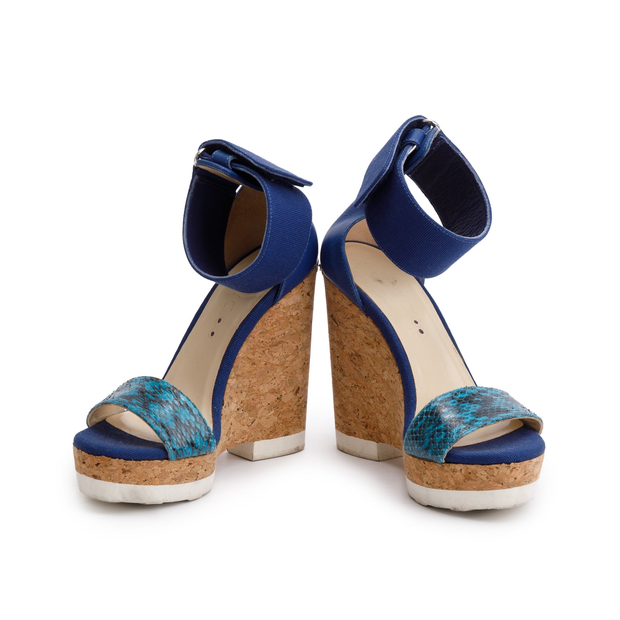 Jimmy Choo Blue Snakeskin Trim Leather Neston Platform Wedge Sandals, Size 35.5 w/ Box