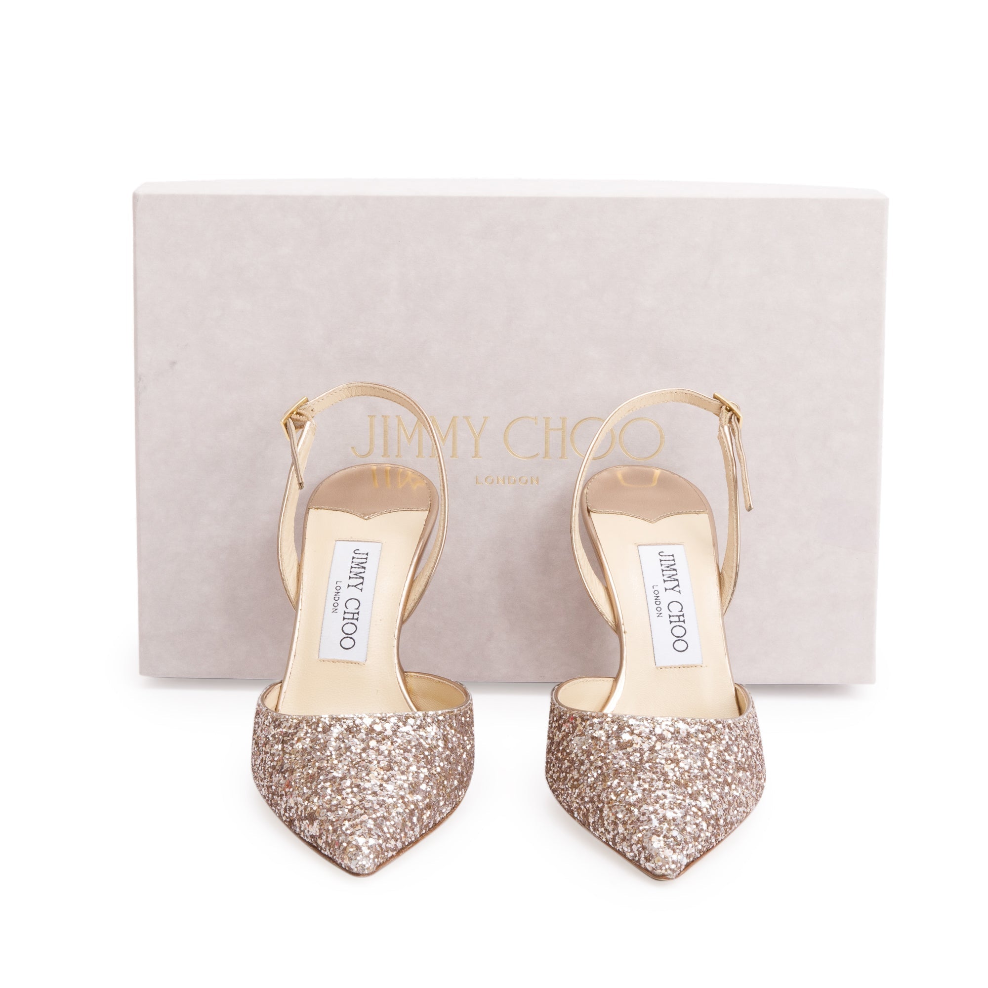 Jimmy Choo Metallic Gold Glitter Tilly Slingback Pumps, Size 37 w/ Box