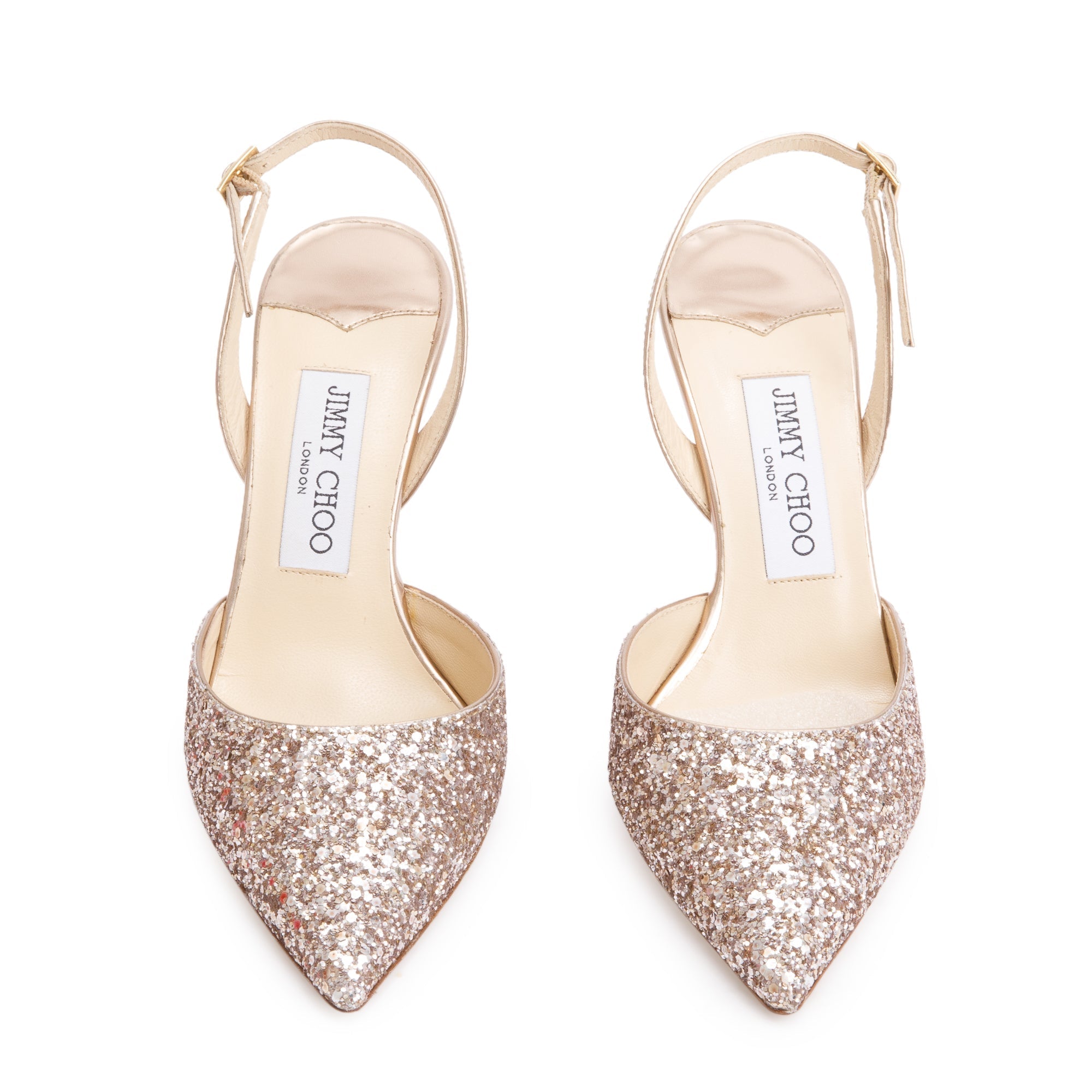 Jimmy Choo Metallic Gold Glitter Tilly Slingback Pumps, Size 37 w/ Box