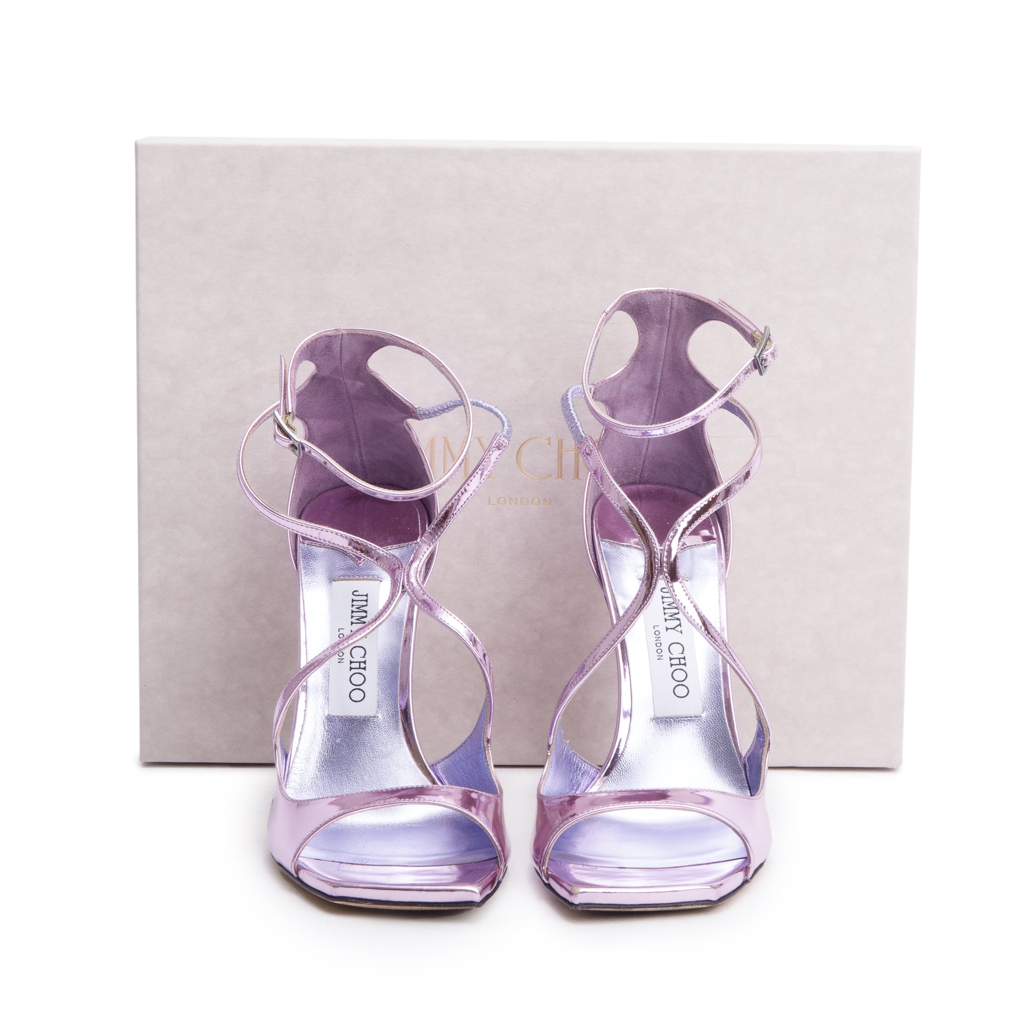 Jimmy Choo Metallic Purple Patent Leather Azia 110 Slingback Pumps, Size 37.5 w/ Box