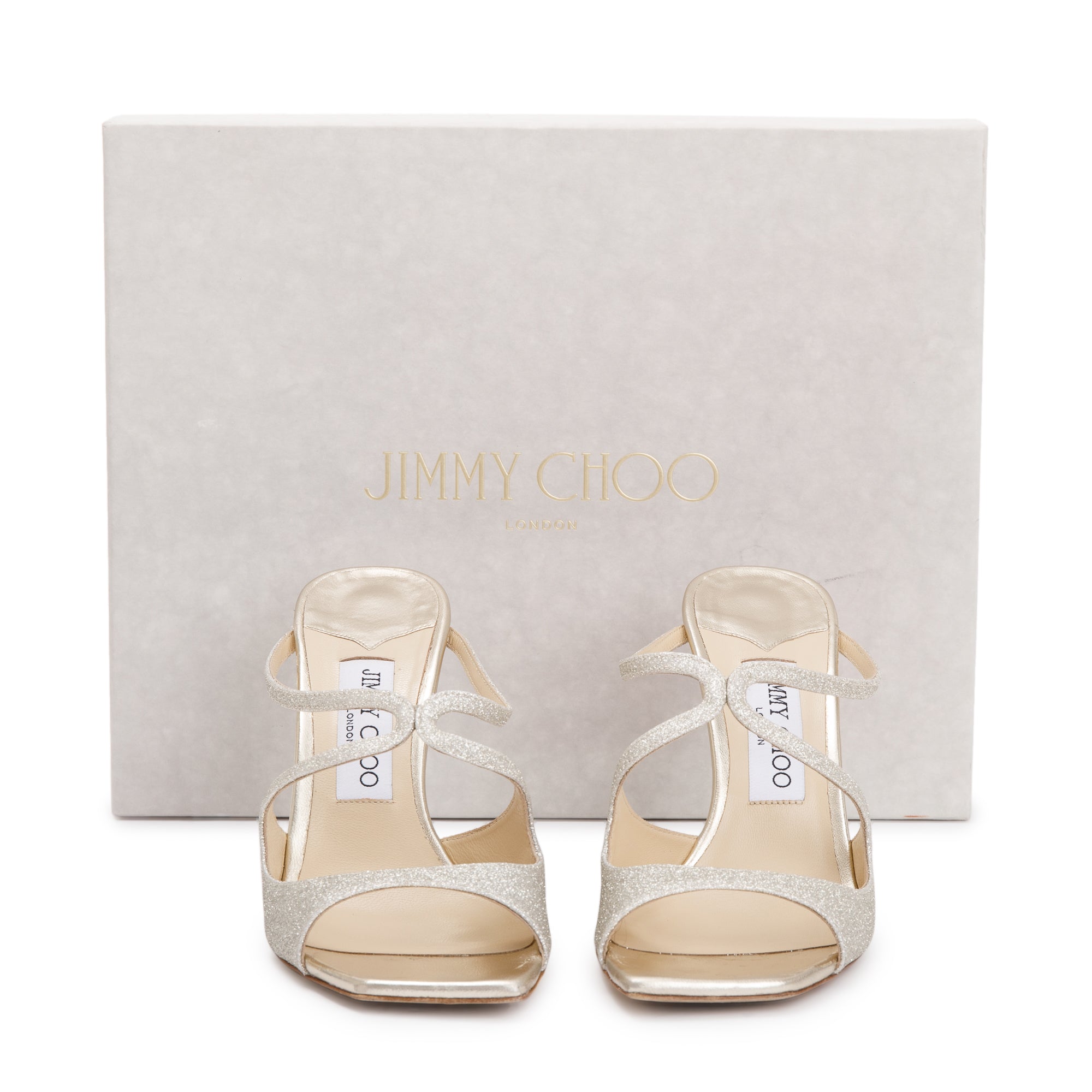 Jimmy Choo Platinum Ice Glitter Anise 95 Heeled Sandals, Size 37 w/ Box