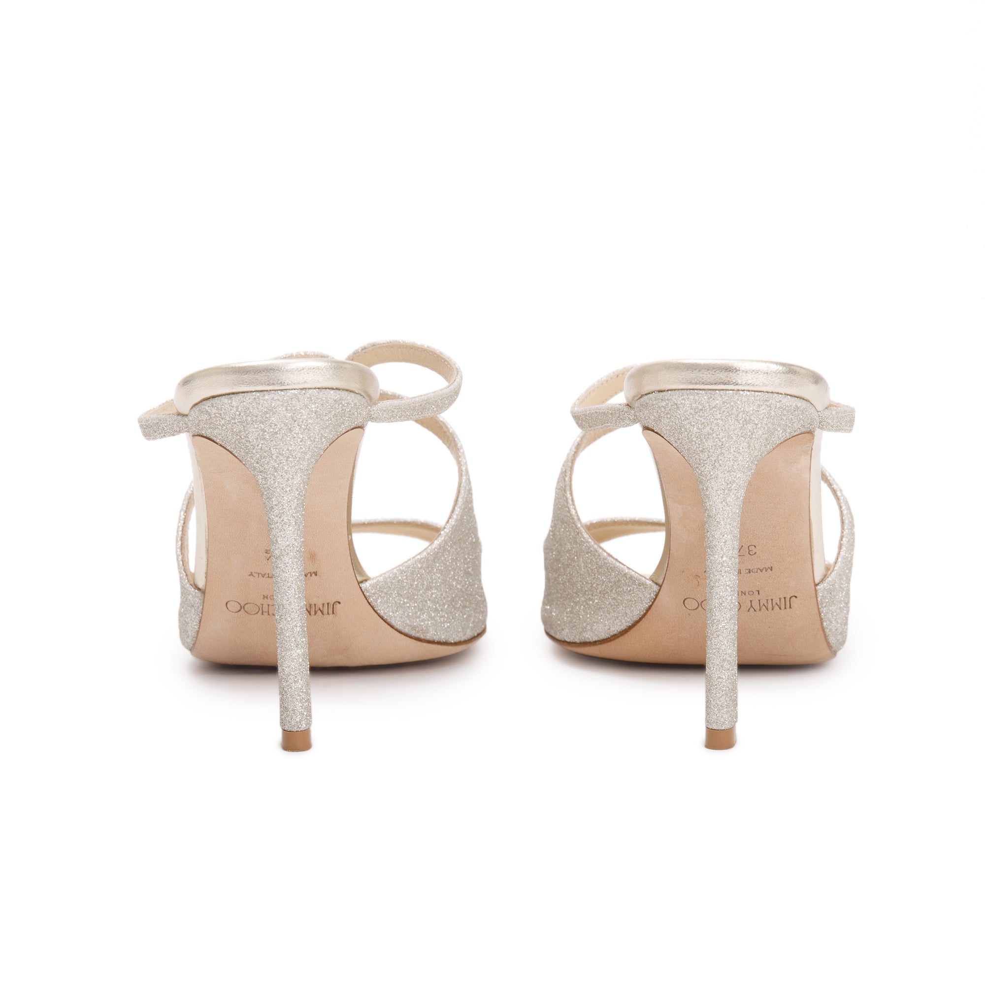 Jimmy Choo Platinum Ice Glitter Anise 95 Heeled Sandals, Size 37 w/ Box