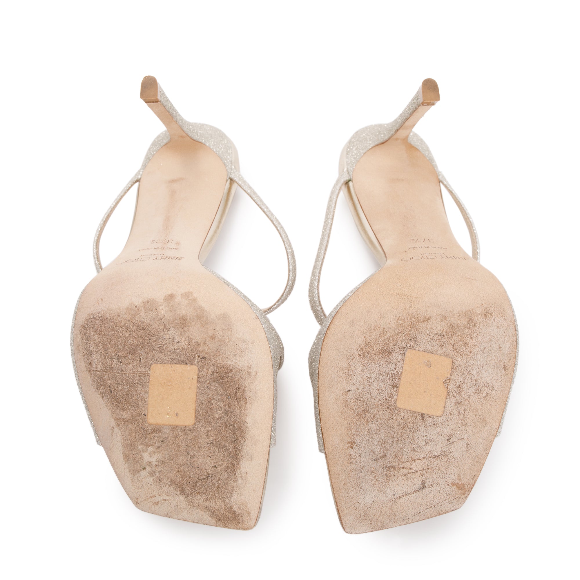 Jimmy Choo Platinum Ice Glitter Anise 95 Heeled Sandals, Size 37 w/ Box