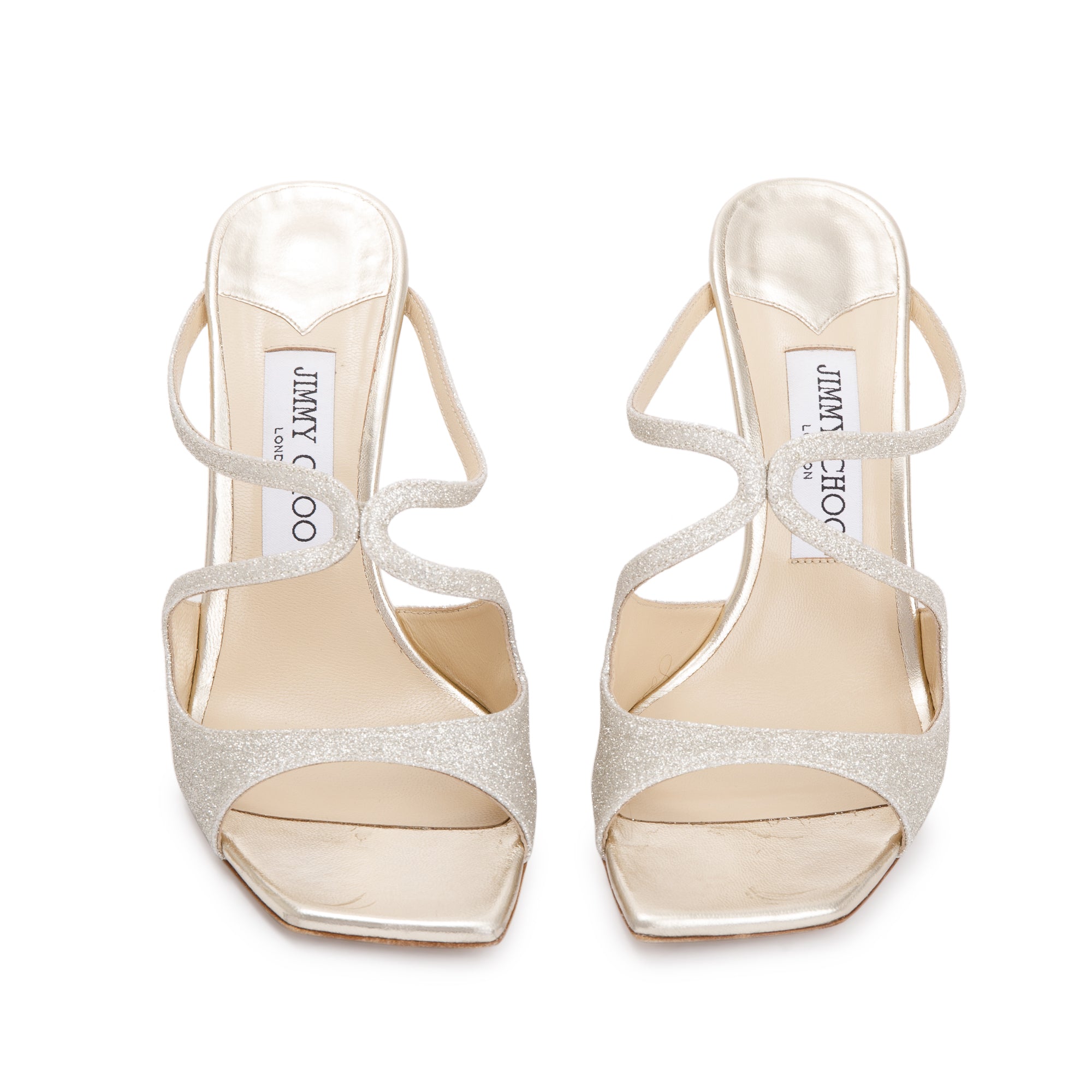 Jimmy Choo Platinum Ice Glitter Anise 95 Heeled Sandals, Size 37 w/ Box