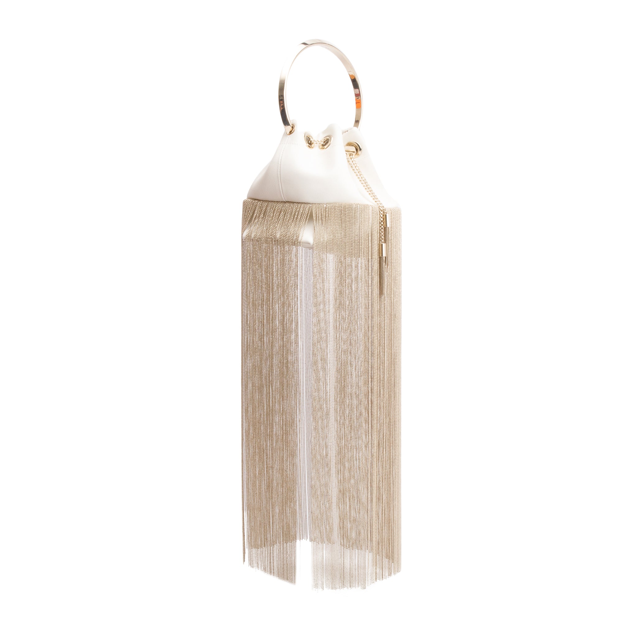 Jimmy Choo White Calfskin Leather Metal Fringe Bon Bon Bucket Handle Bag