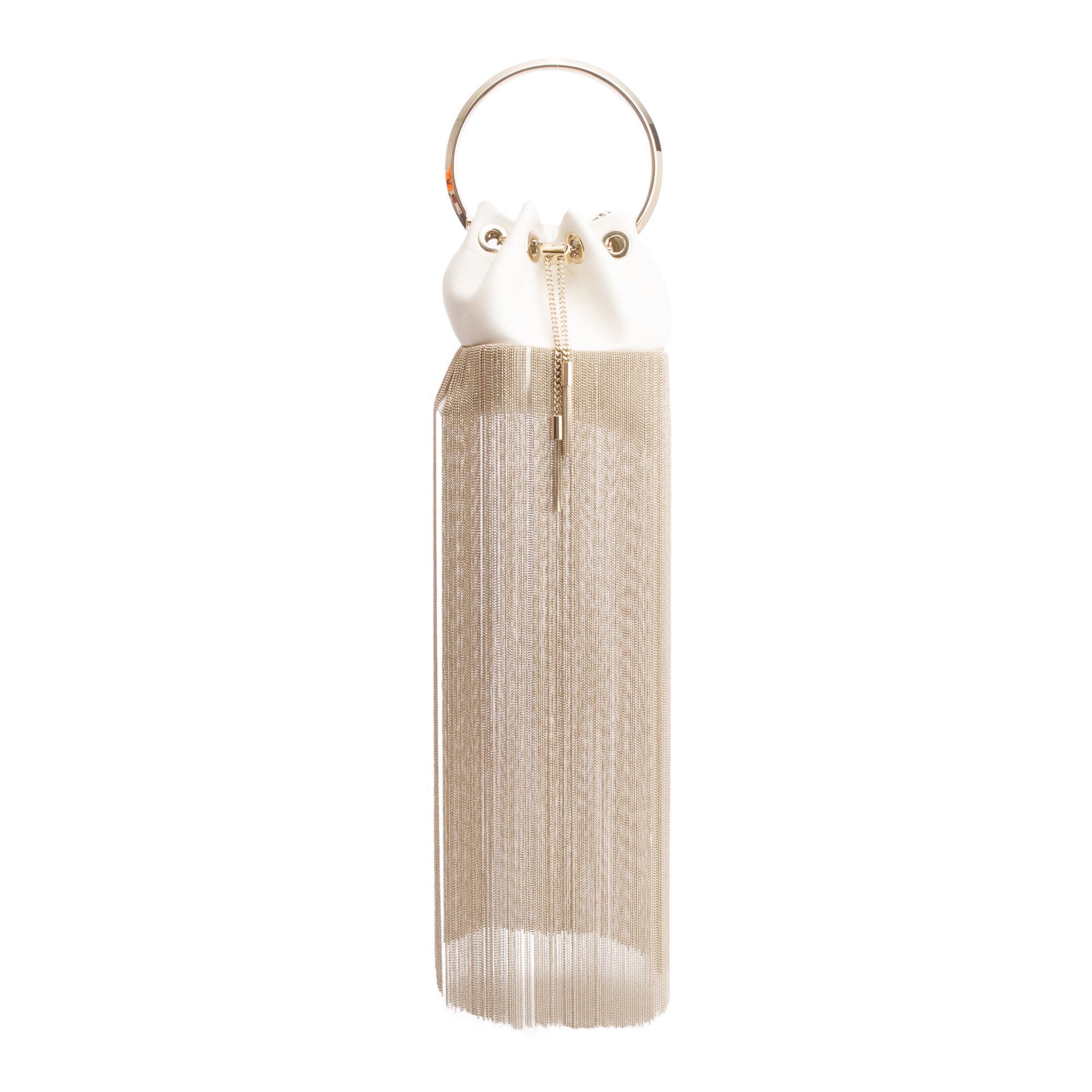 Jimmy Choo White Calfskin Leather Metal Fringe Bon Bon Bucket Handle Bag