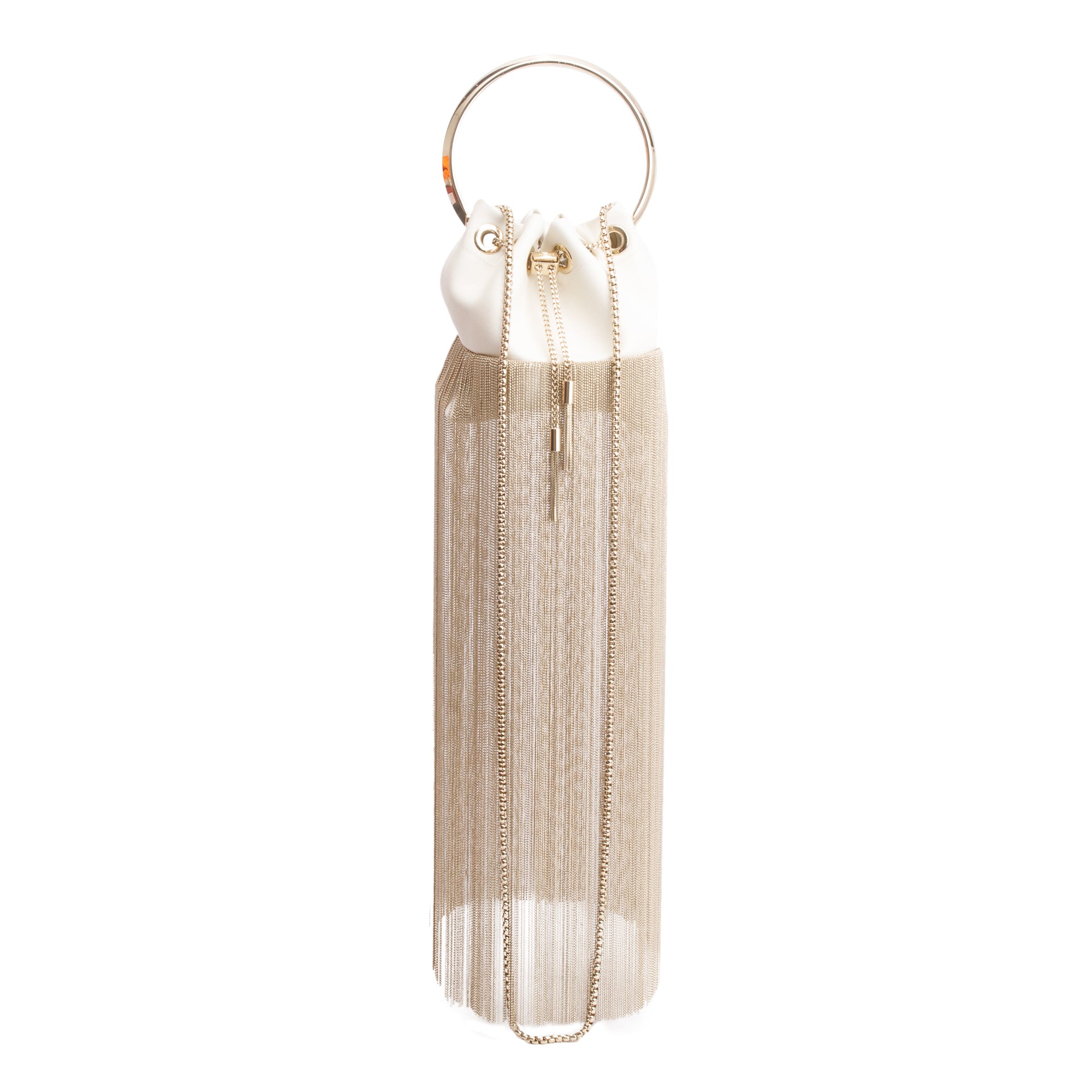 Jimmy Choo White Calfskin Leather Metal Fringe Bon Bon Bucket Handle Bag