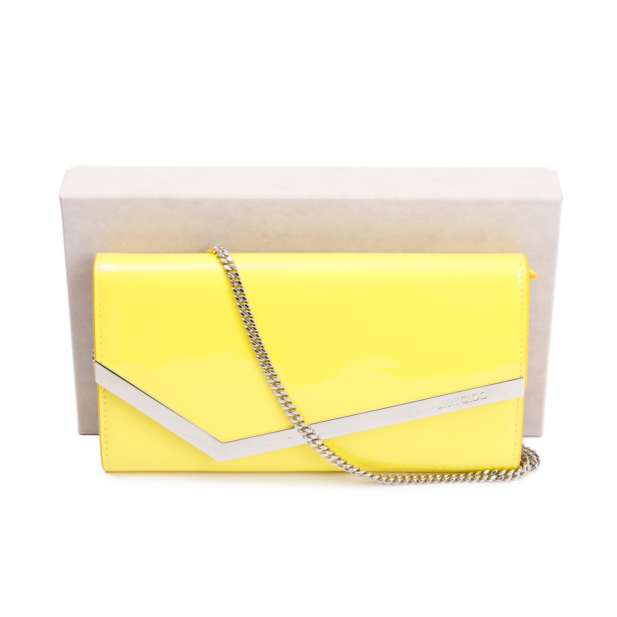 Jimmy Choo Yellow Patent Leather Emmie Chain Clutch w/ Box & Authenticity Card