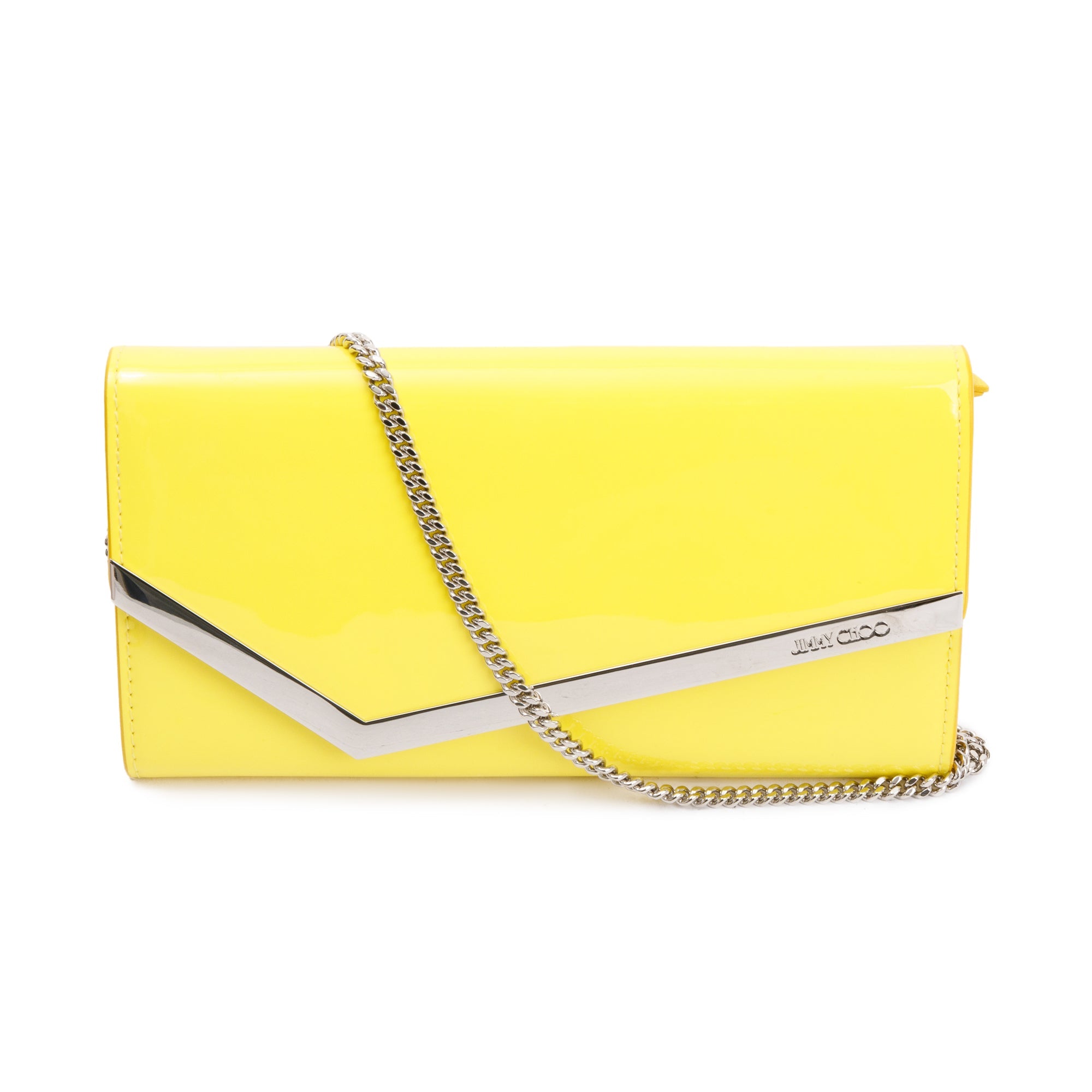 Jimmy Choo Yellow Patent Leather Emmie Chain Clutch w/ Box & Authenticity Card