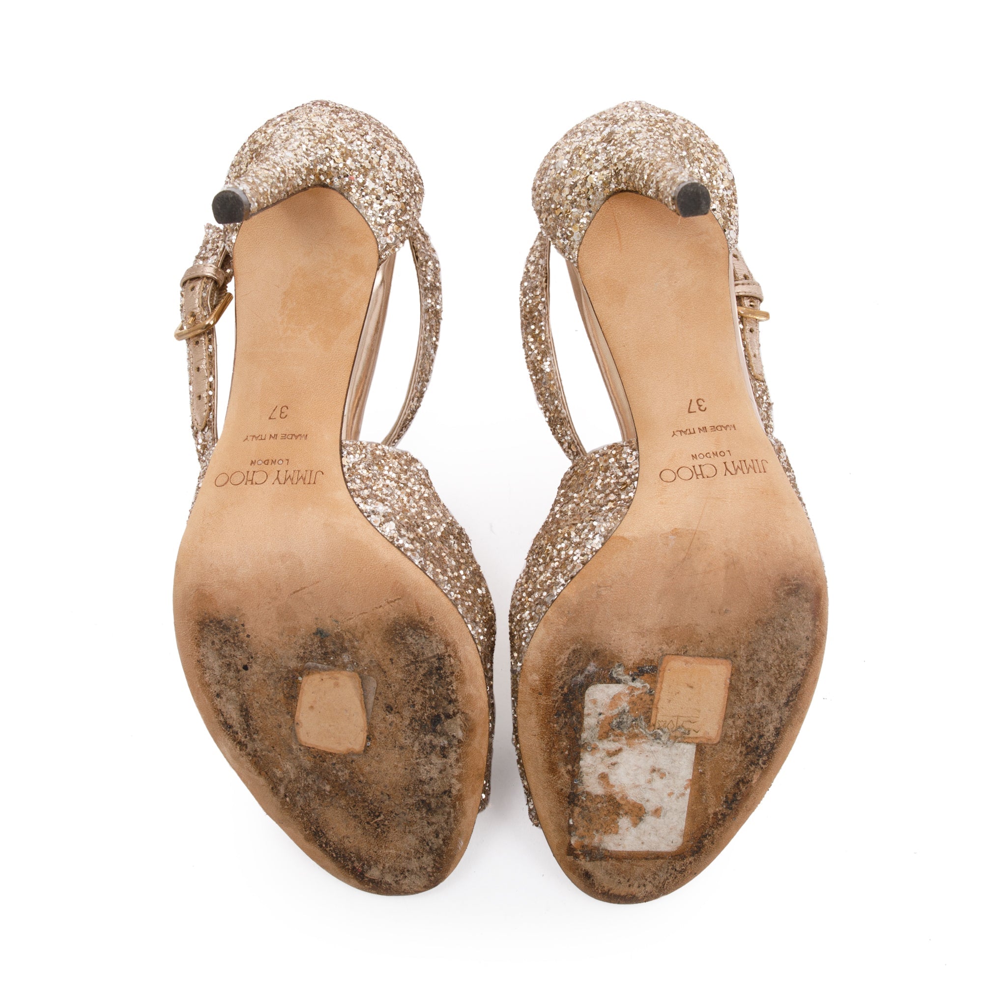 Jimmy Choo Metallic Gold Glitter Emily 85 Heeled Sandals, Size 37 w/ Box