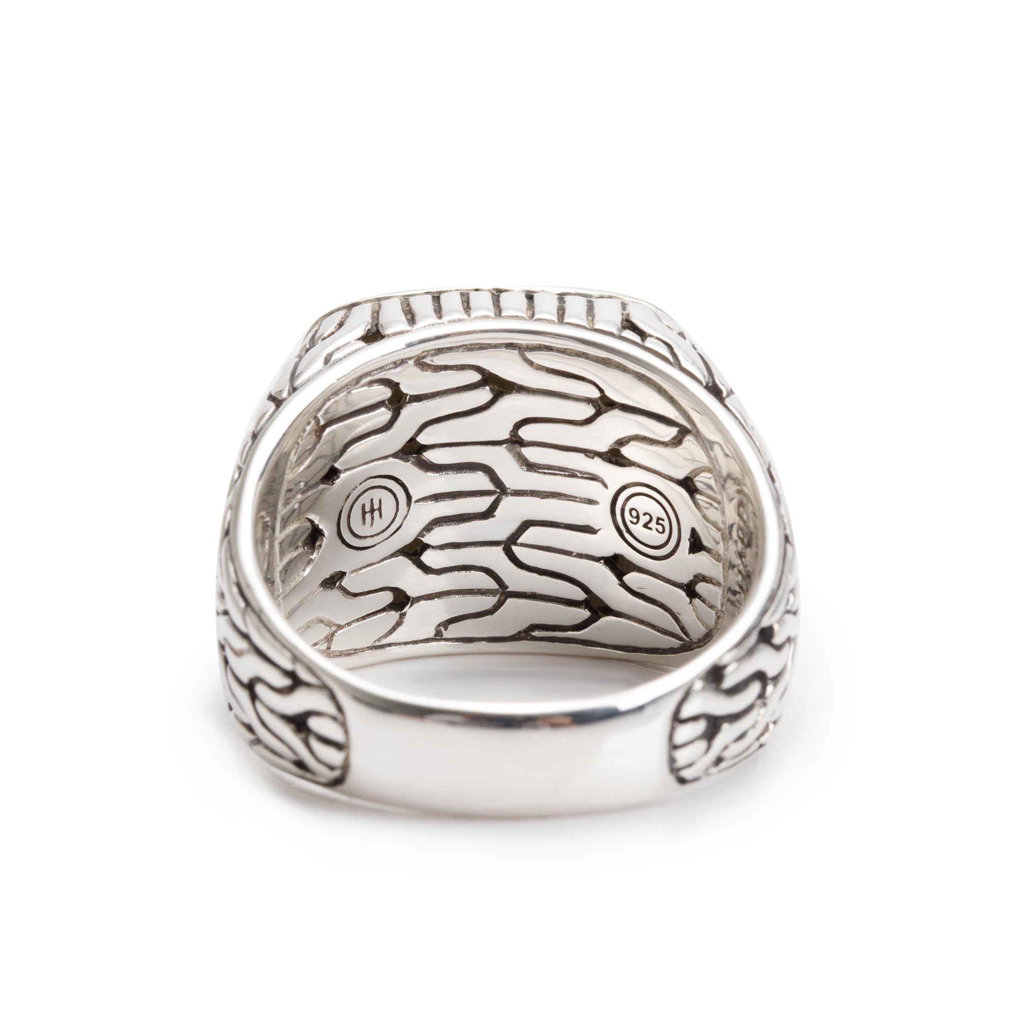 John Hardy Sterling Silver Black Sapphire Carved Chain Signet Ring, Size 12