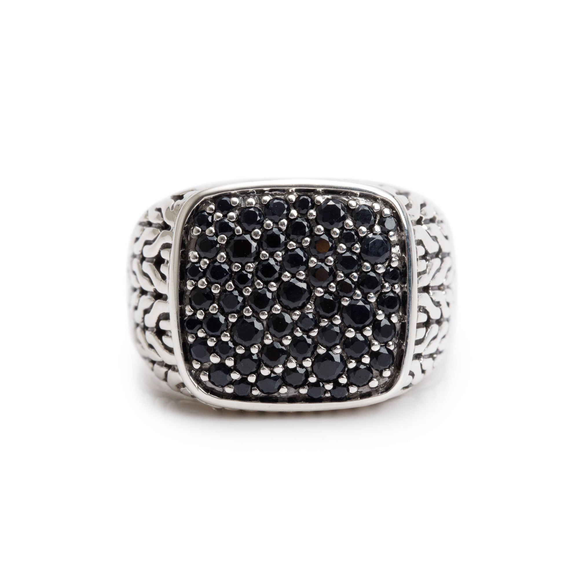 John Hardy Sterling Silver Black Sapphire Carved Chain Signet Ring, Size 12