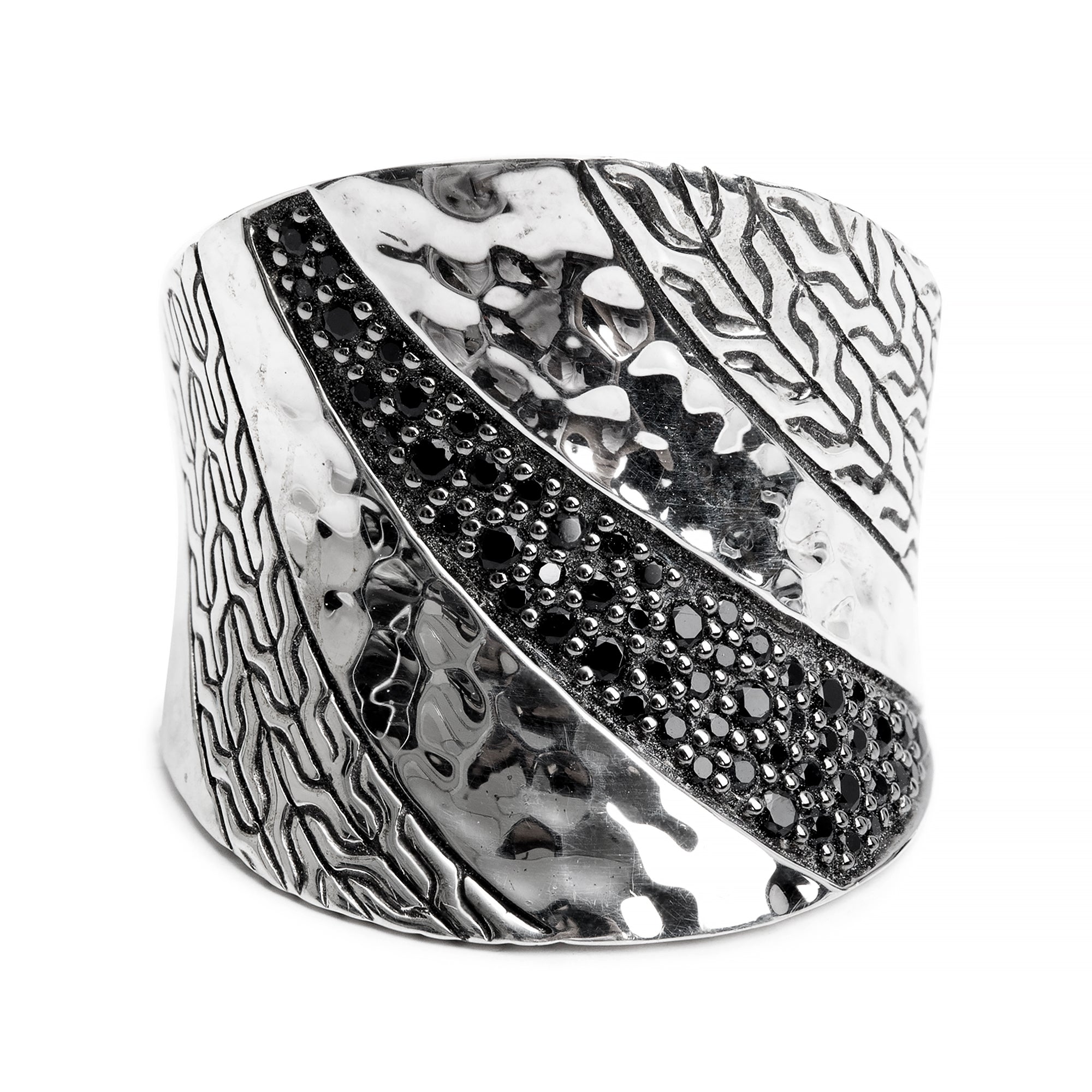 John Hardy Sterling Silver Black Spinel & Sapphire Hammered Saddle Ring, Size 8