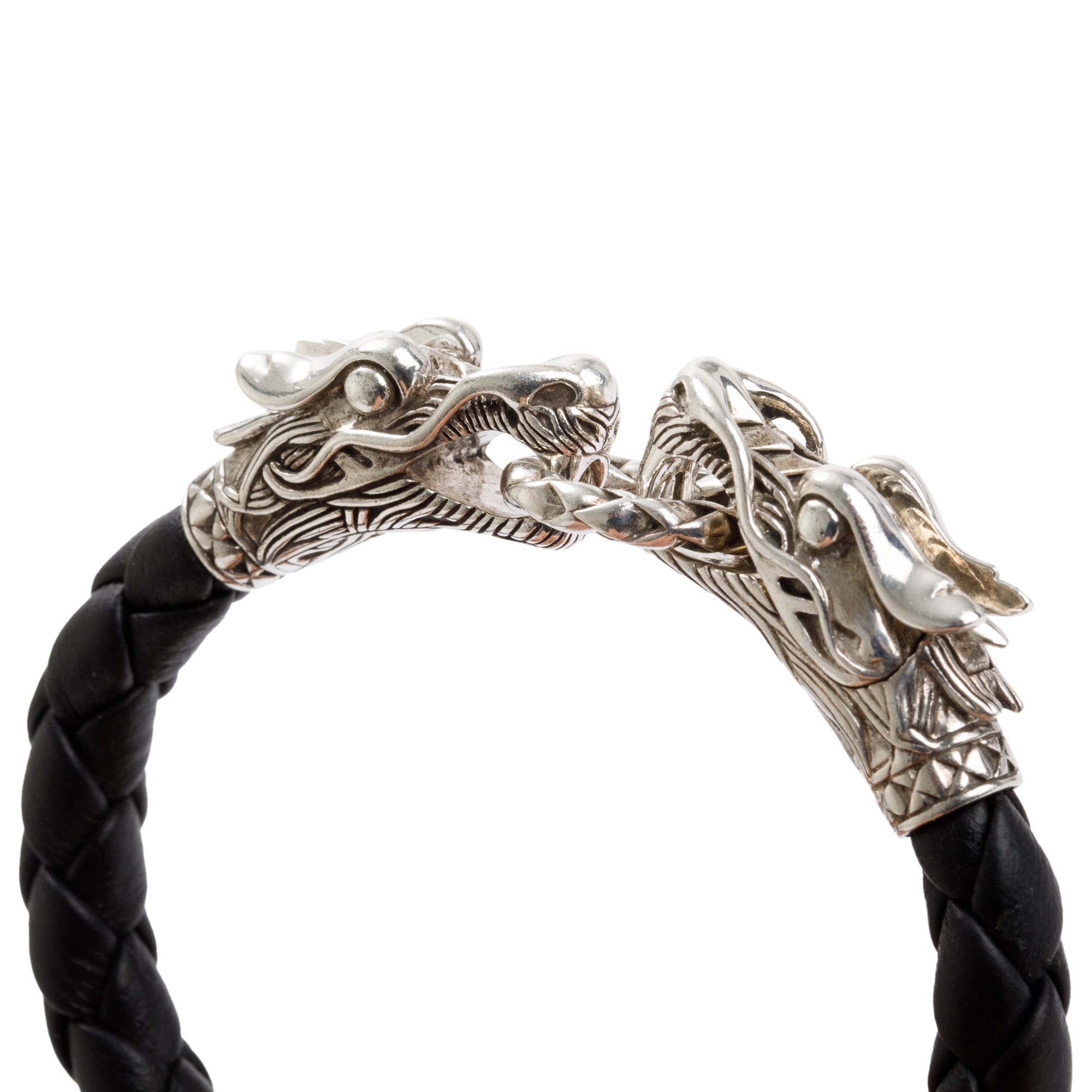 John Hardy Sterling Silver Naga Double Dragon Head Leather Bracelet