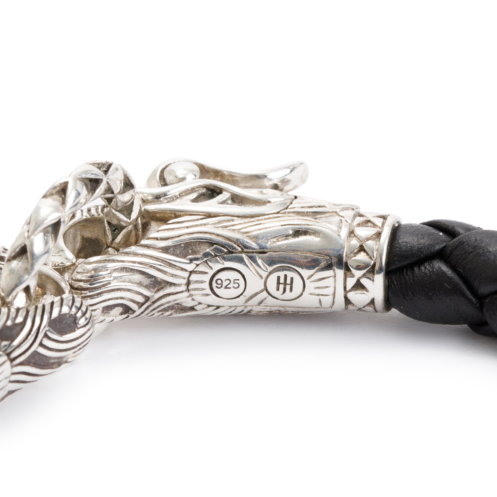 John Hardy Sterling Silver Naga Double Dragon Head Leather Bracelet
