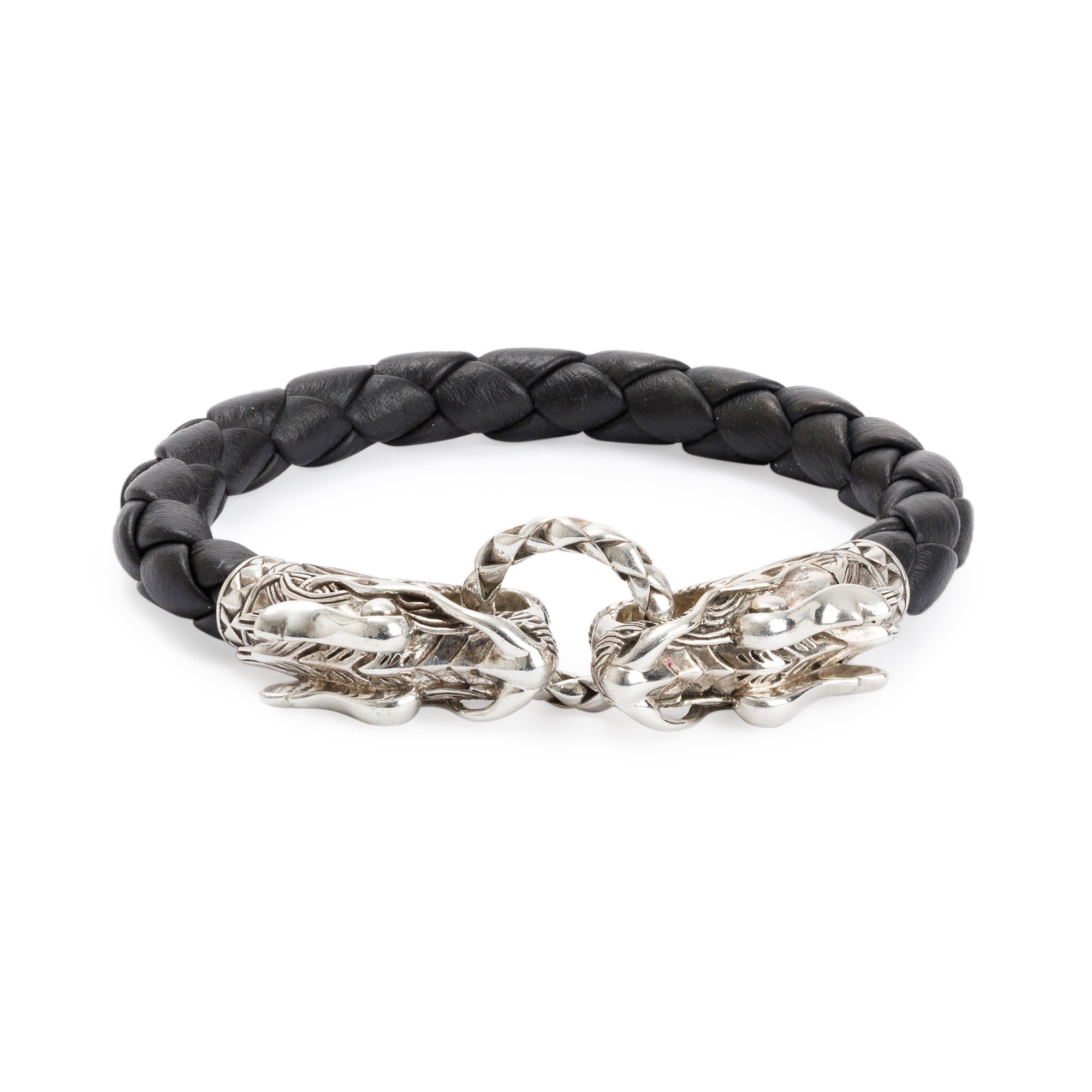 John Hardy Sterling Silver Naga Double Dragon Head Leather Bracelet