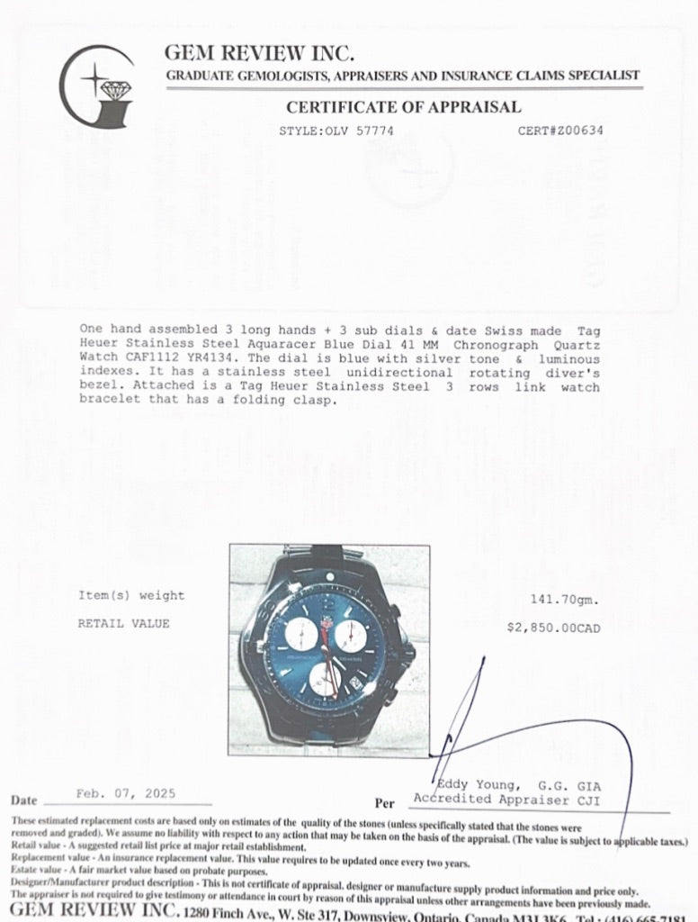 Tag Heuer Stainless Steel Aquaracer Blue Dial 41 MM Chronograph Quartz Watch CAF1112